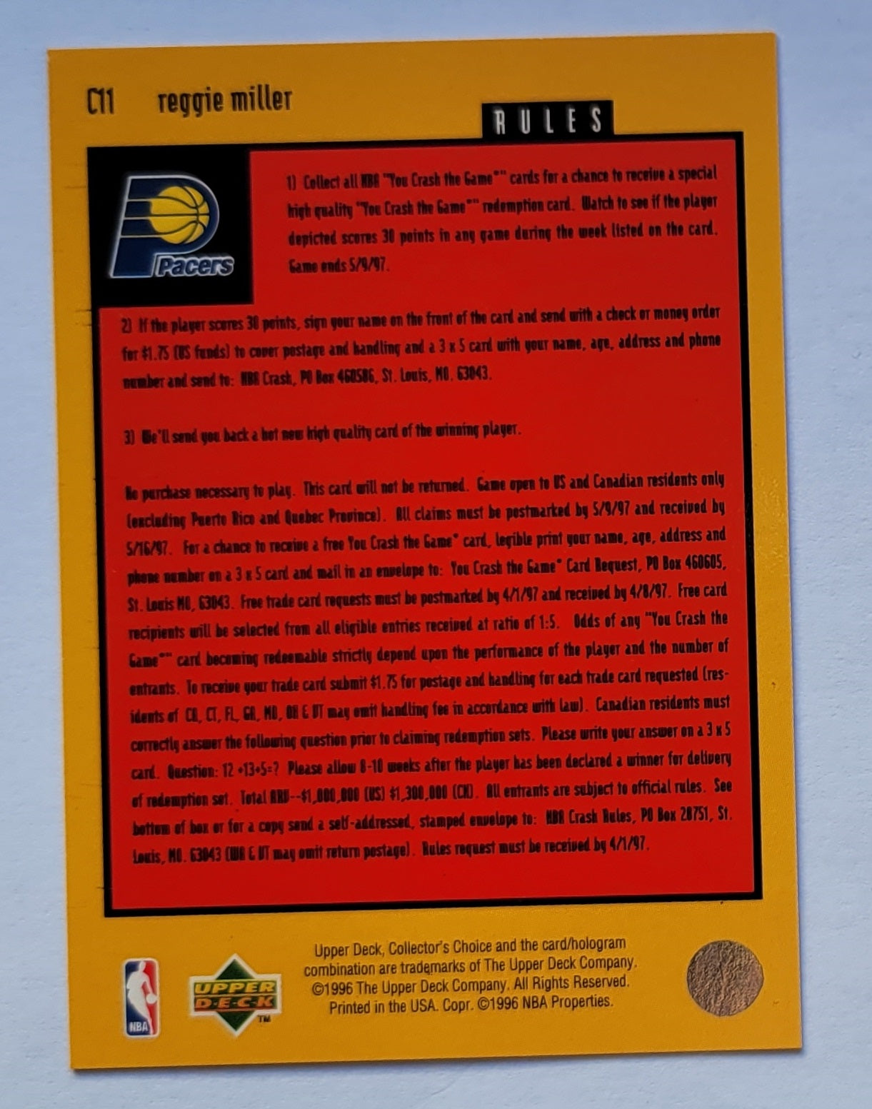Reggie Miller - 1996-97 Collector's Choice Crash the Game Scoring 1 #C11B 1/27 W