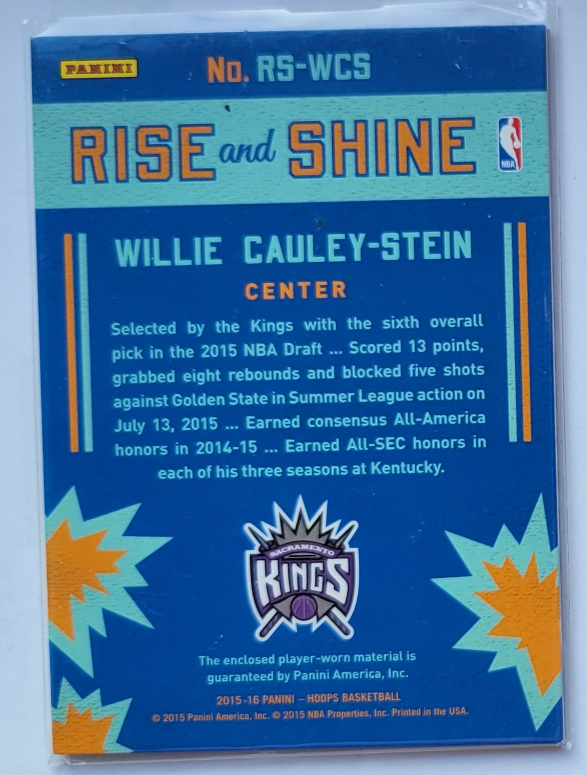 Willie Cauley-Stein - 2015-16 Hoops Rise N Shine Memorabilia #23
