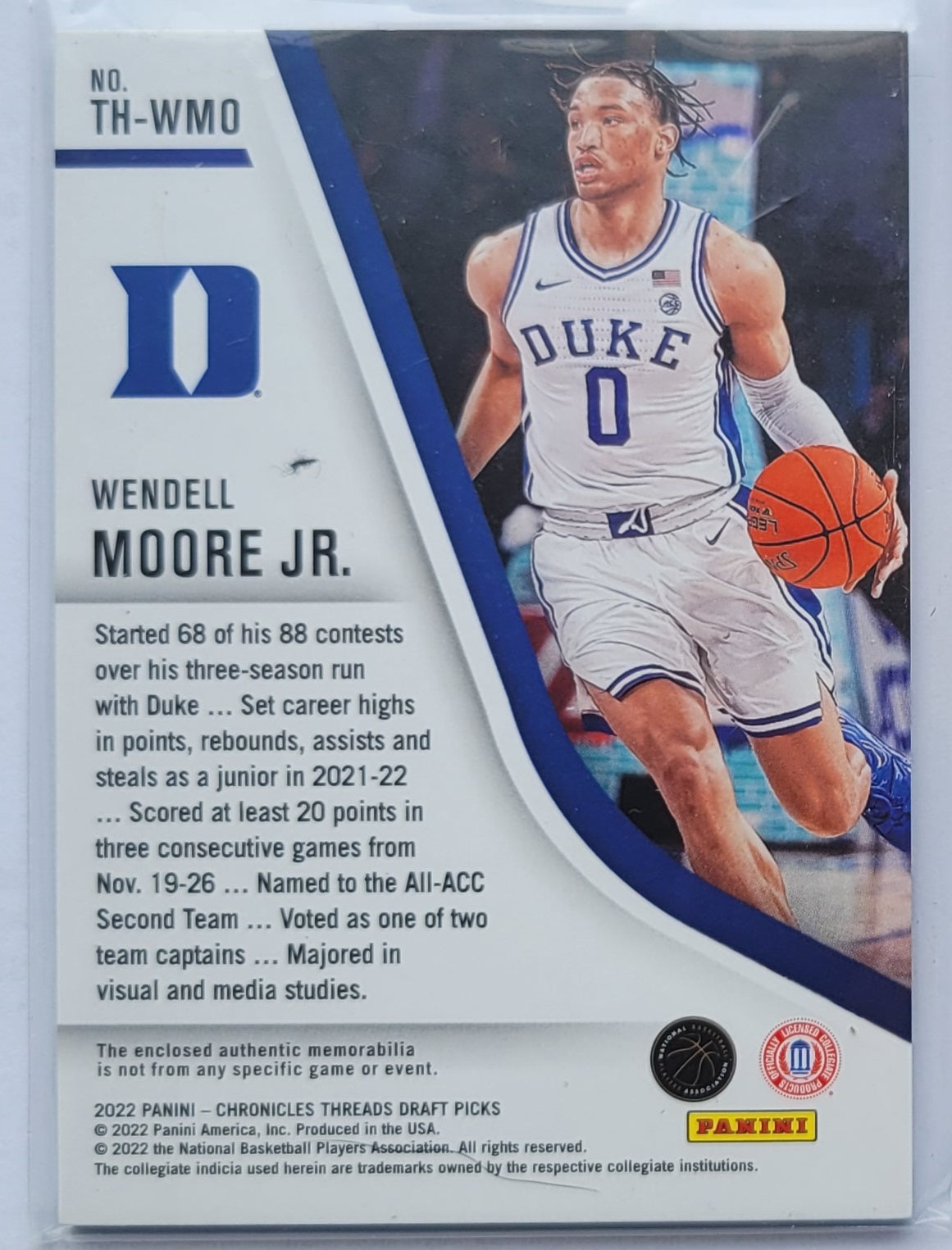 Wendell Moore Jr. - 2022-23 Panini Chronicles Draft Picks Threads Rookie Memorabilia #TH-WMO