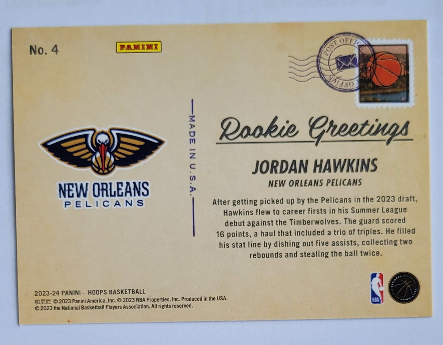 Jordan Hawkins - 2023-24 Hoops Rookie Greetings Holo #4
