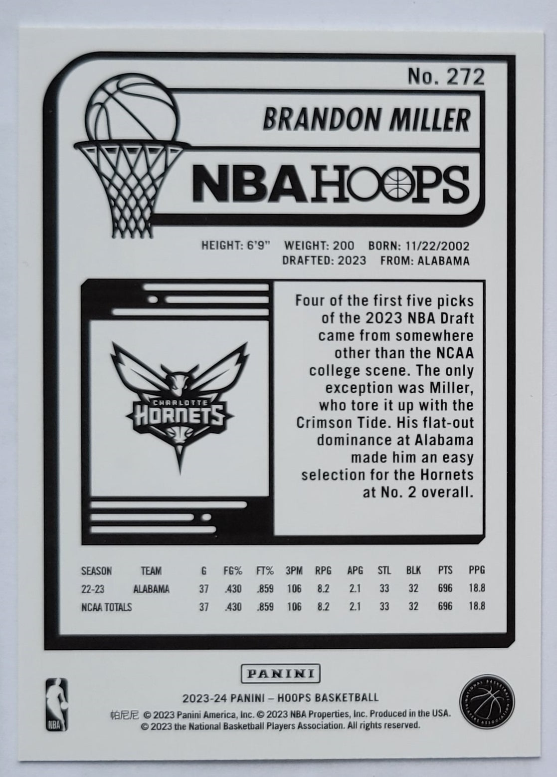 Brandon Miller - 2023-24 Hoops #272 RC