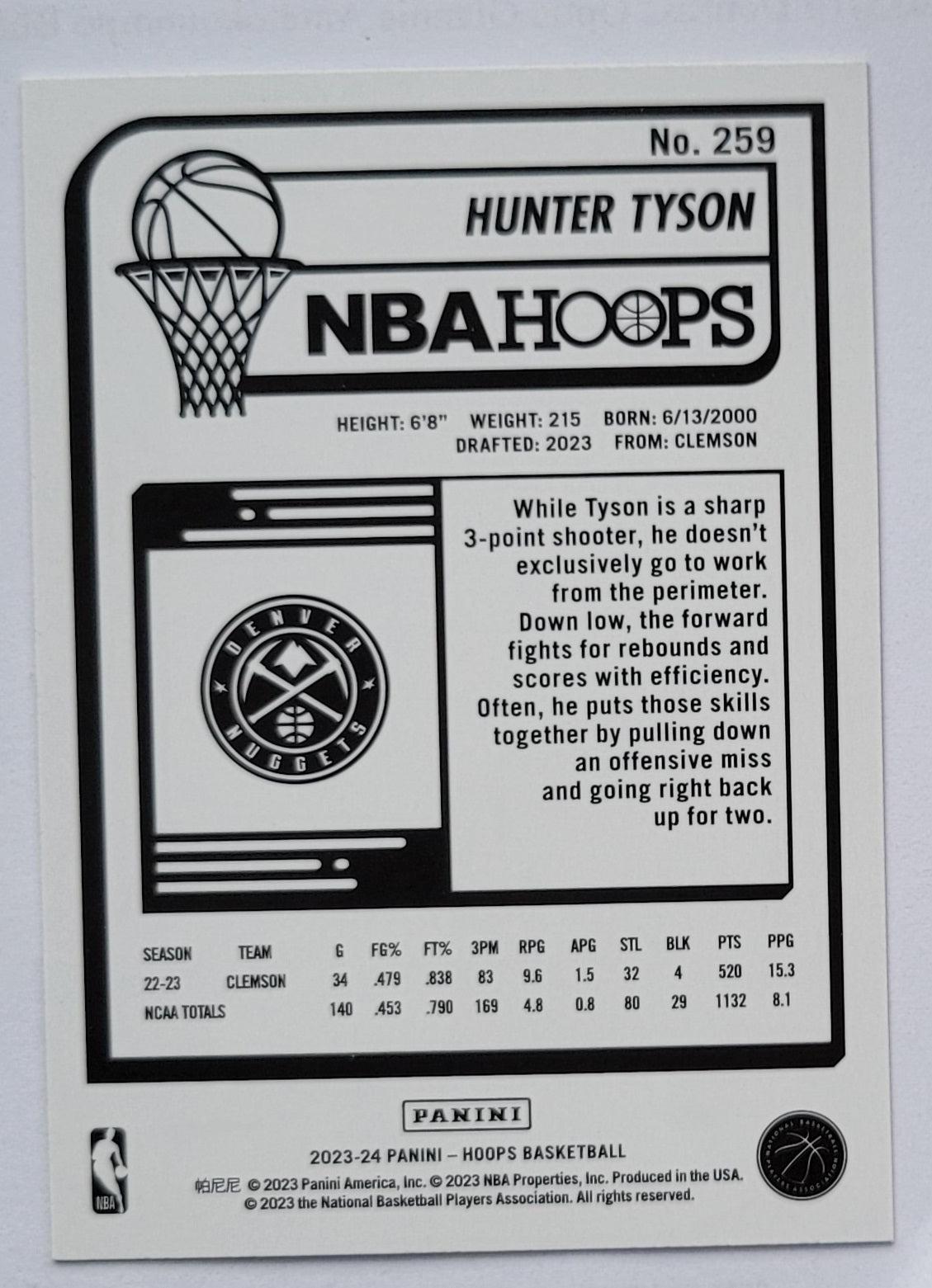 Hunter Tyson - 2023-24 Hoops Purple #259 RC