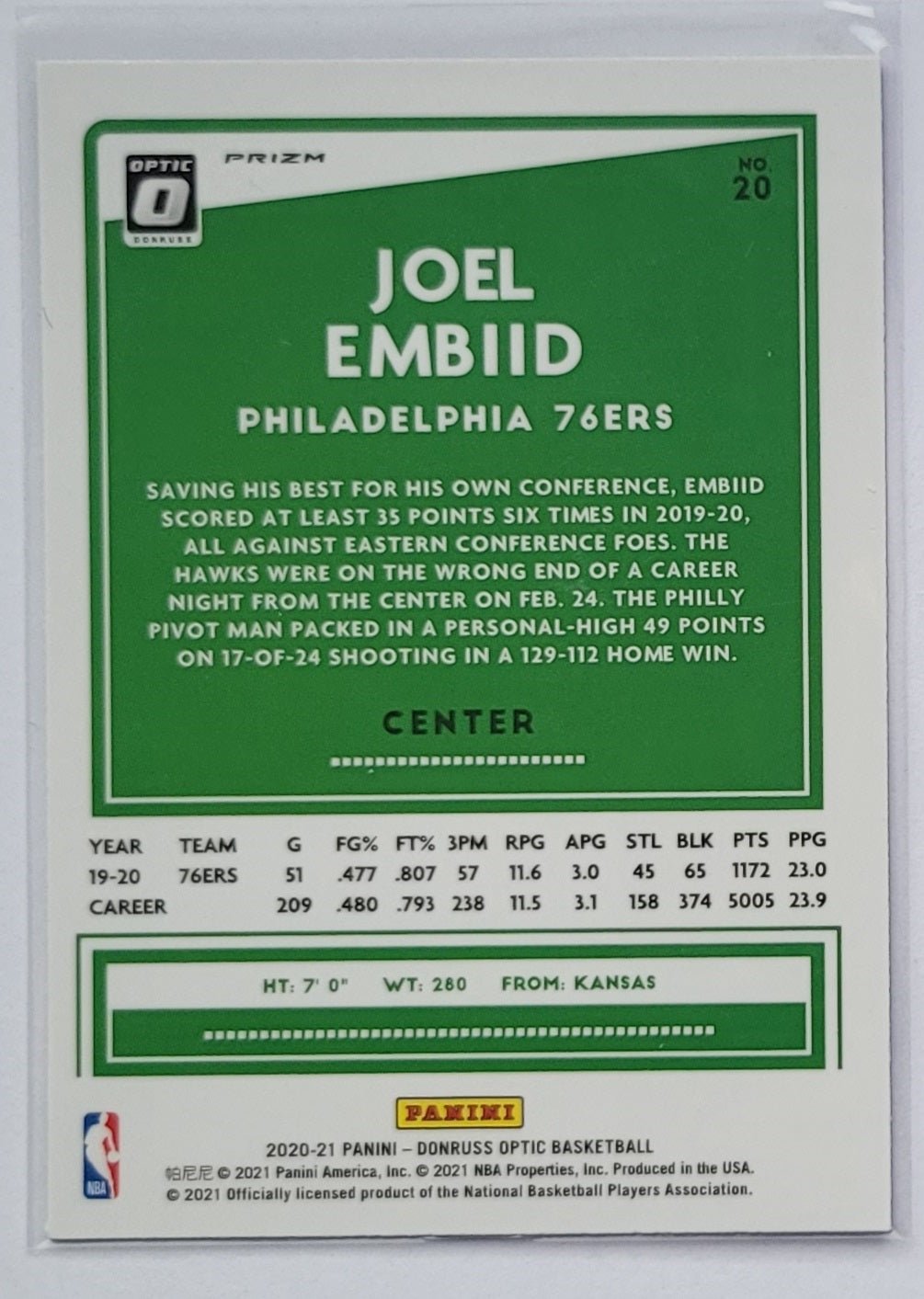 Joel Embiid - 2020-21 Donruss Optic Purple Shock #20