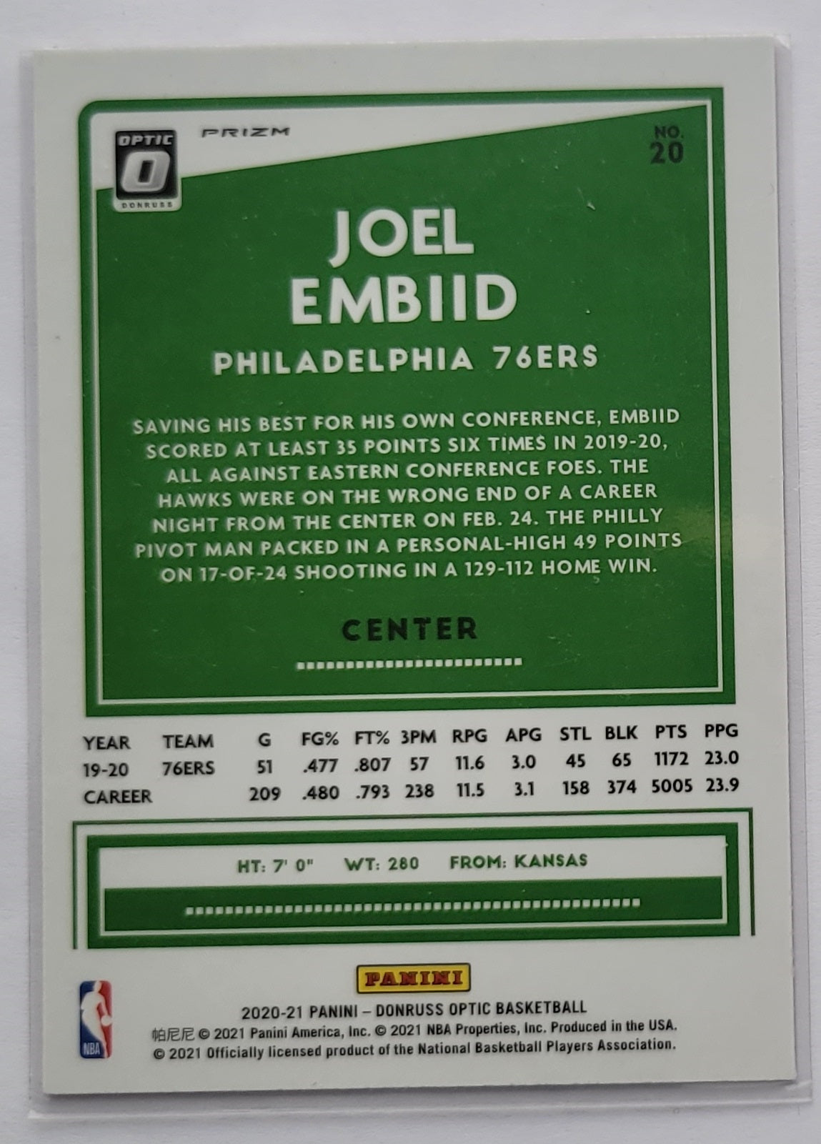 Joel Embiid - 2020-21 Donruss Optic Hyper Pink #20