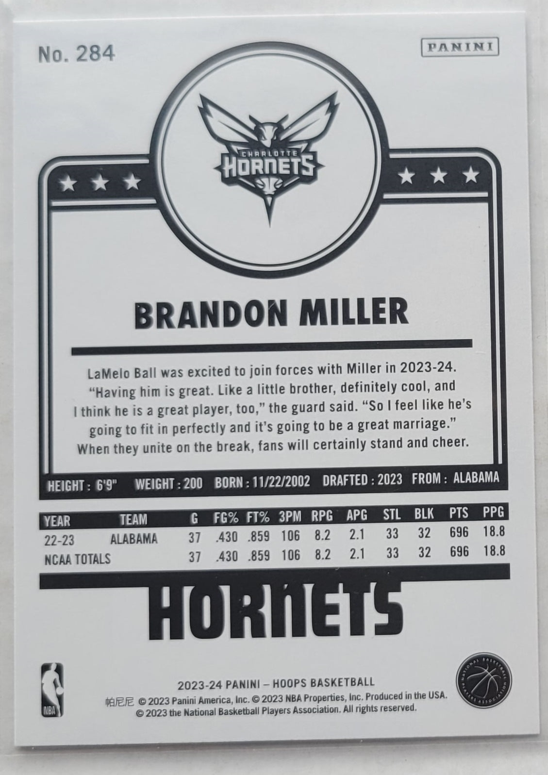 Brandon Miller - 2023-24 Hoops #284 RC