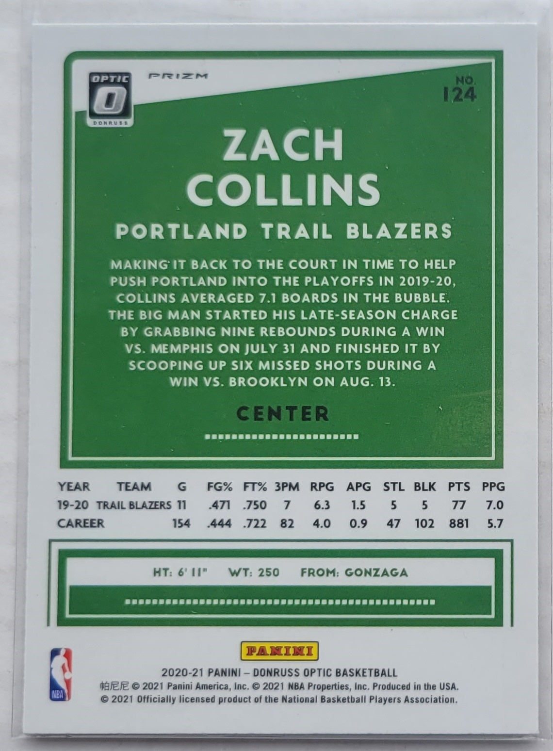 Zach Collins - 2020-21 Donruss Optic White Sparkle #124