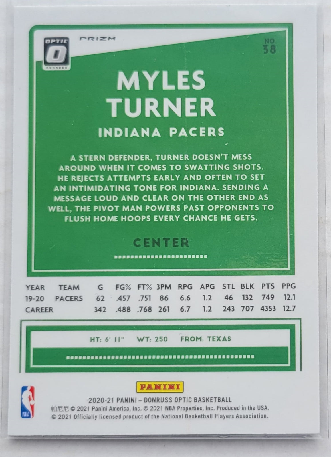 Myles Turner - 2020-21 Donruss Optic White Sparkle #38