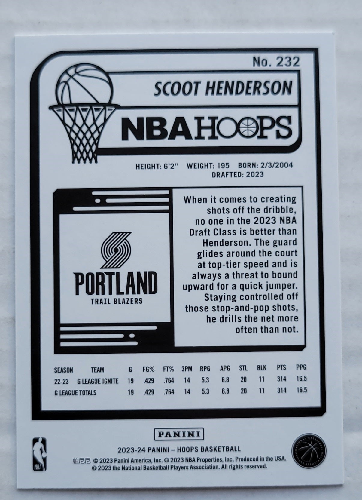 Scoot Henderson - 2023-24 Hoops #232 RC