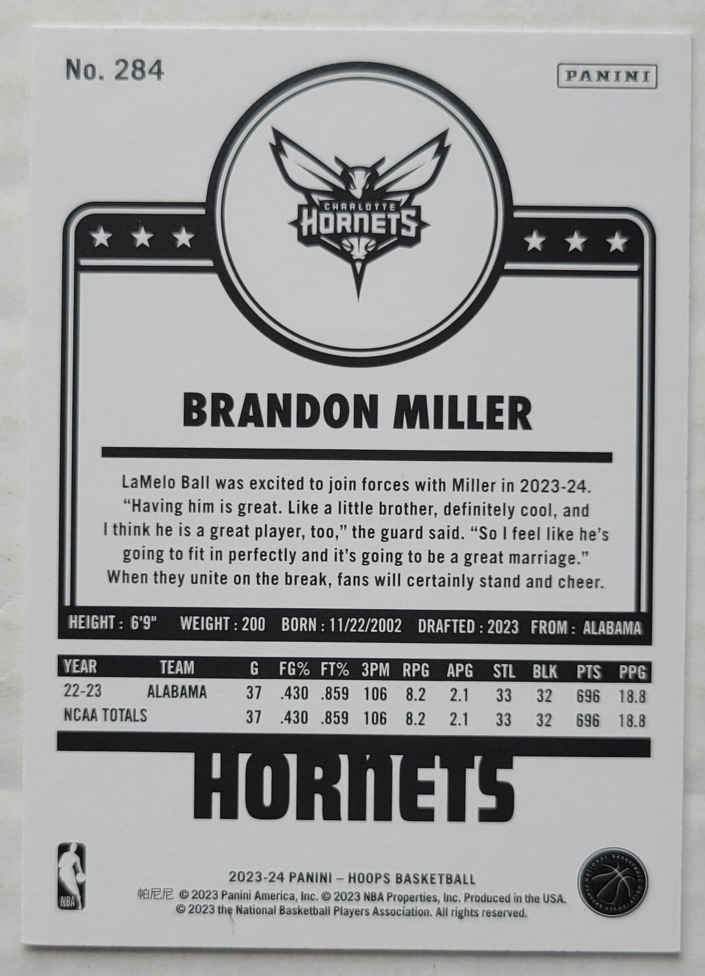 Brandon Miller - 2023-24 Hoops Winter #284 RC