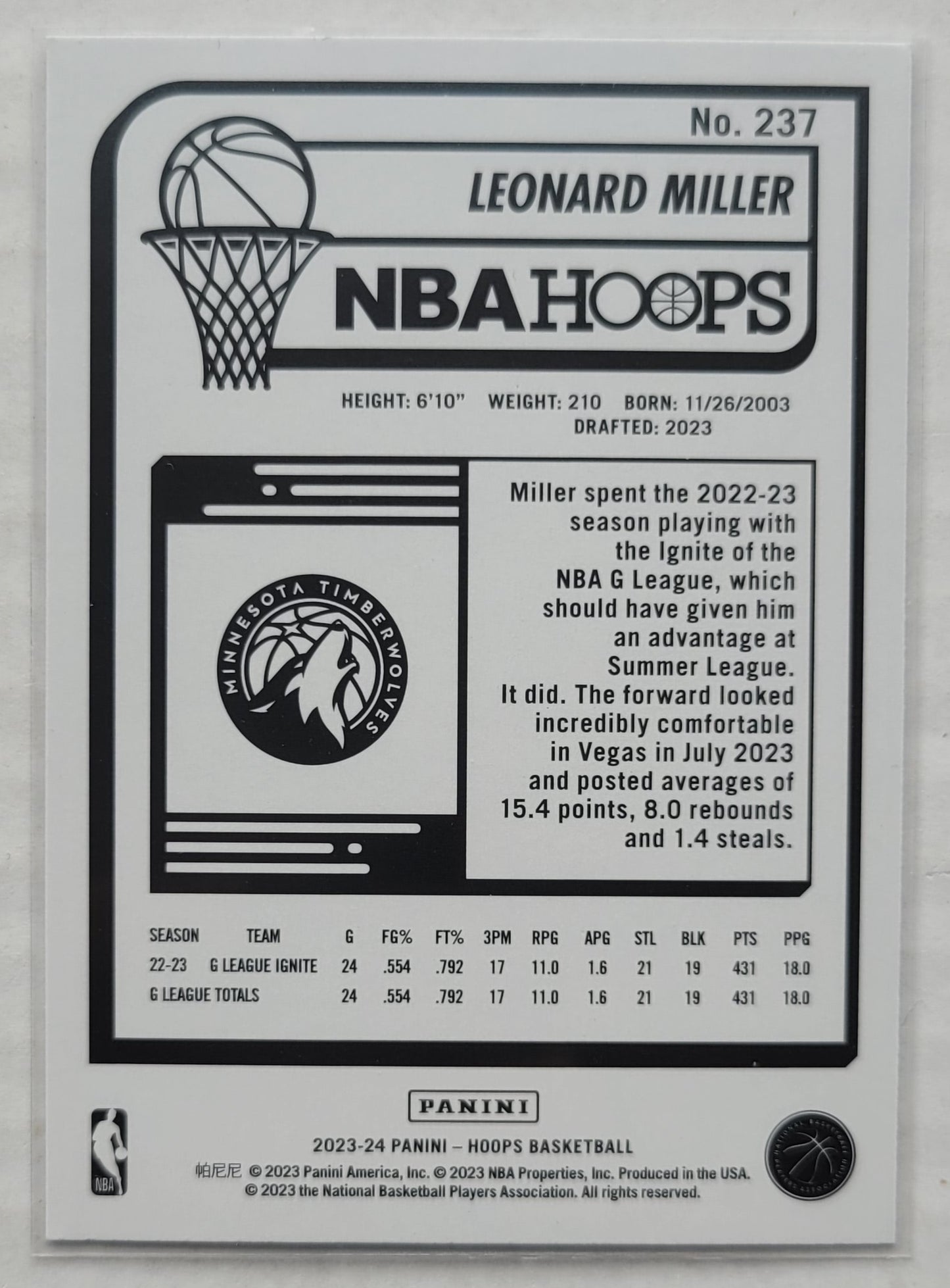 Leonard Miller - 2023-24 Hoops Purple #237 RC