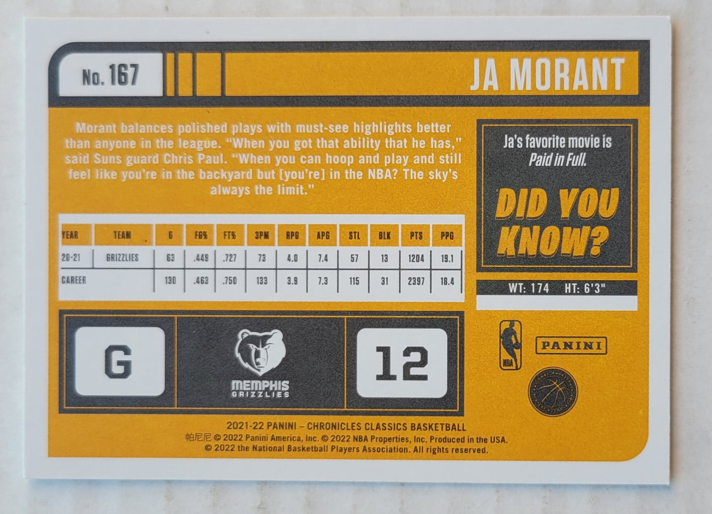 Ja Morant - 2021-22 Panini Chronicles #167 Classics