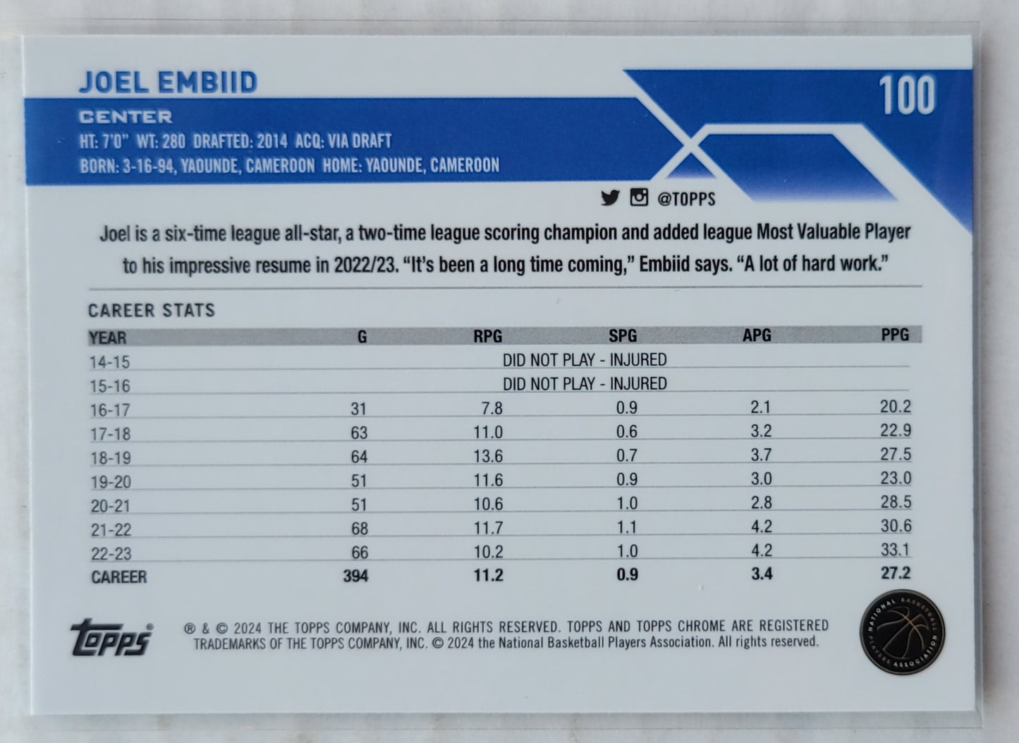 Joel Embiid - 2023-24 Topps Chrome Blue Basketball Refractors #100