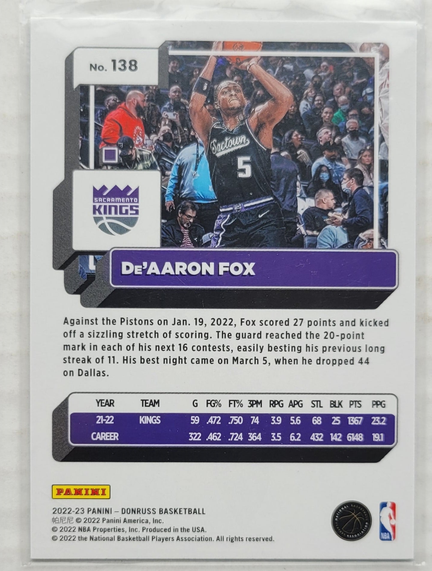 De'Aaron Fox - 2022-23 Donruss Holo Green Laser #138