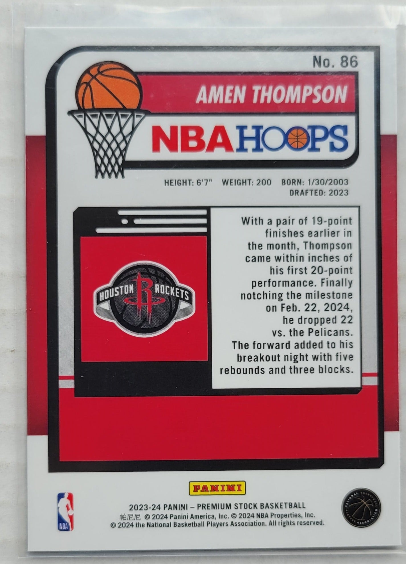 Amen Thompson - 2023-24 Hoops Premium Stock #86 RC