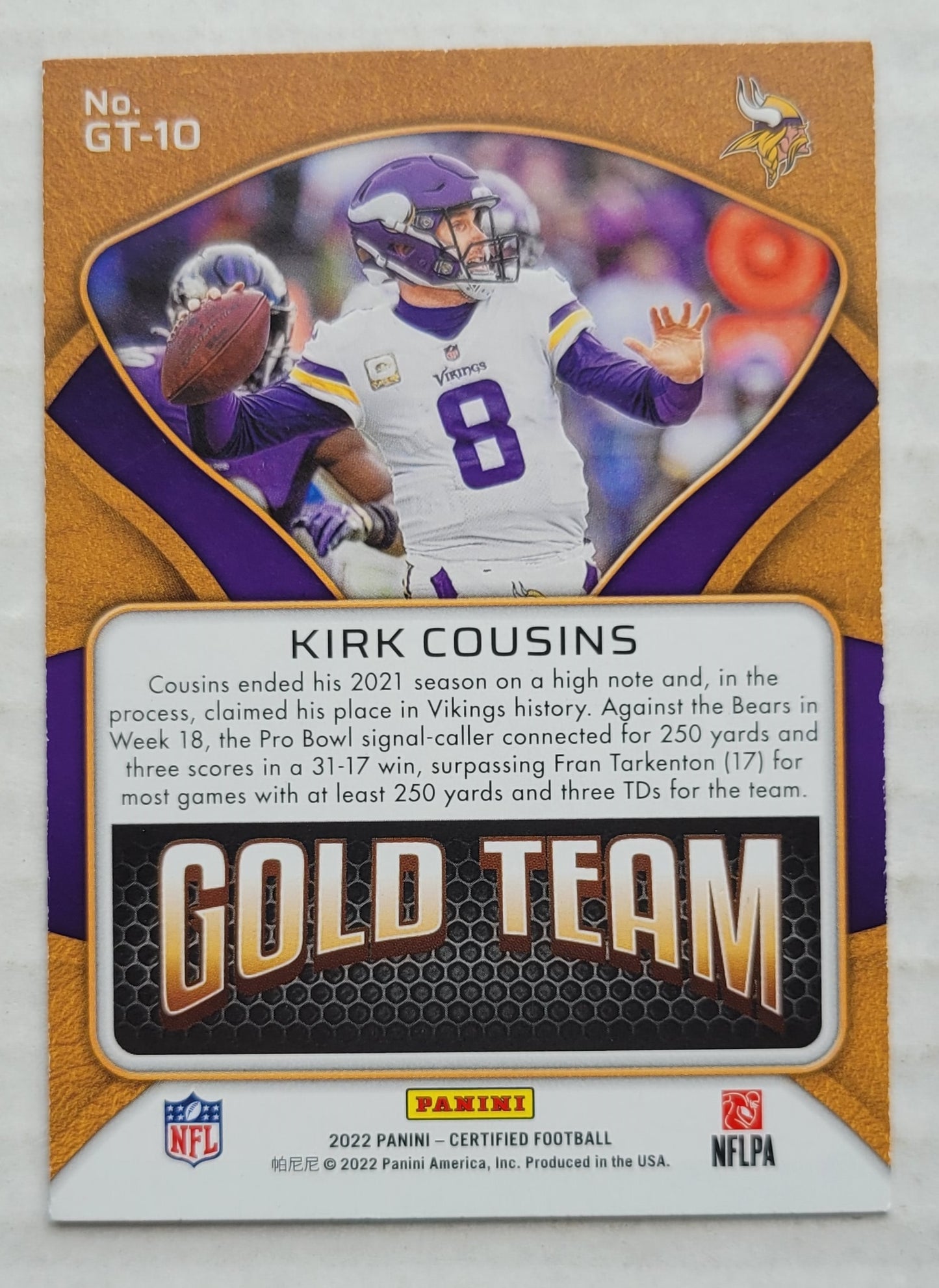 Kirk Cousins - 2022 Certified Gold Team #10