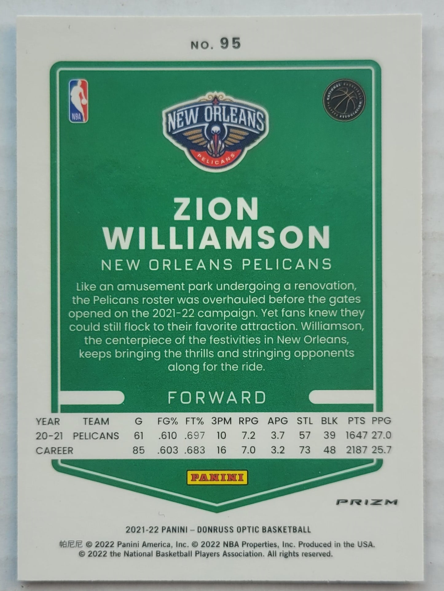 Zion Williamson - 2021-22 Donruss Optic Blue Velocity #95