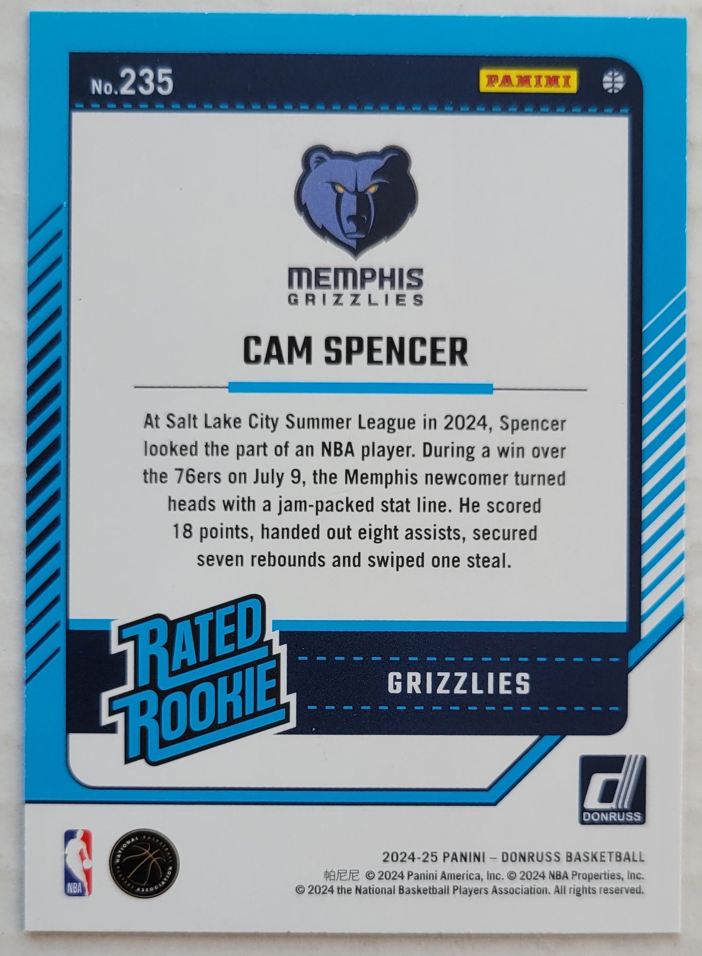 Cam Spencer - 2024-25 Donruss Holo Green Laser #235 RR RC