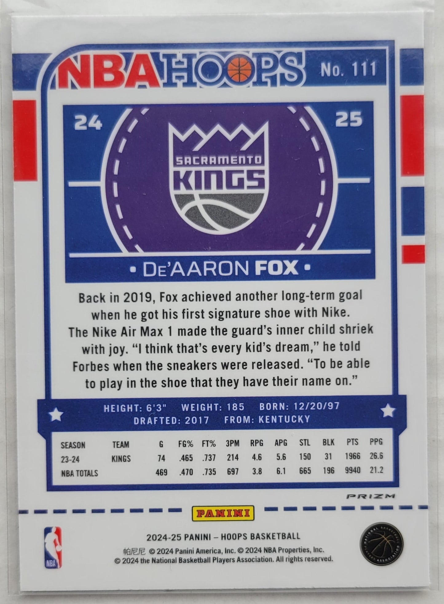 De'Aaron Fox - 2024-25 Hoops Premium Prizms Purple Winter #111