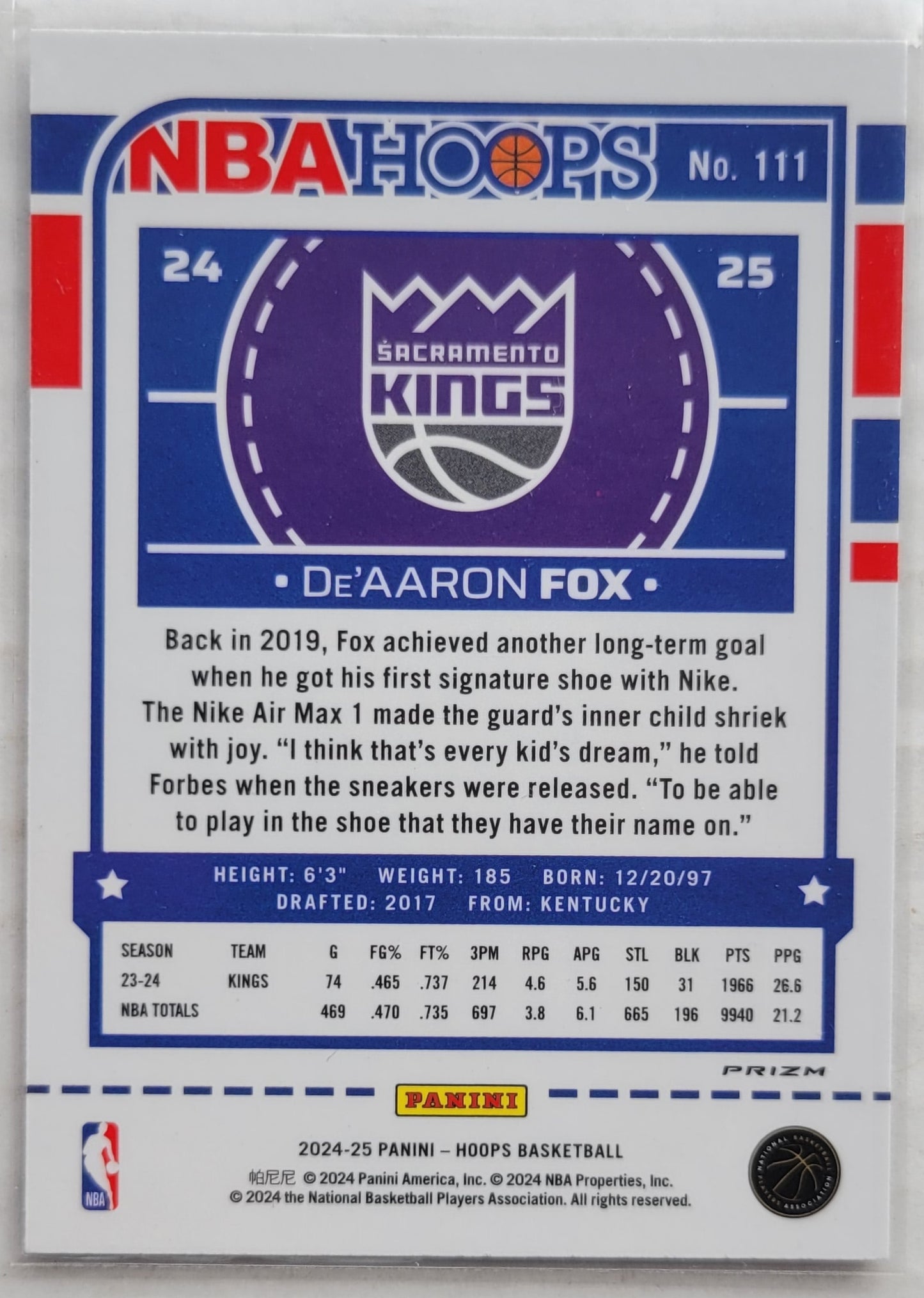 De'Aaron Fox - 2024-25 Hoops Premium Prizms Silver #111