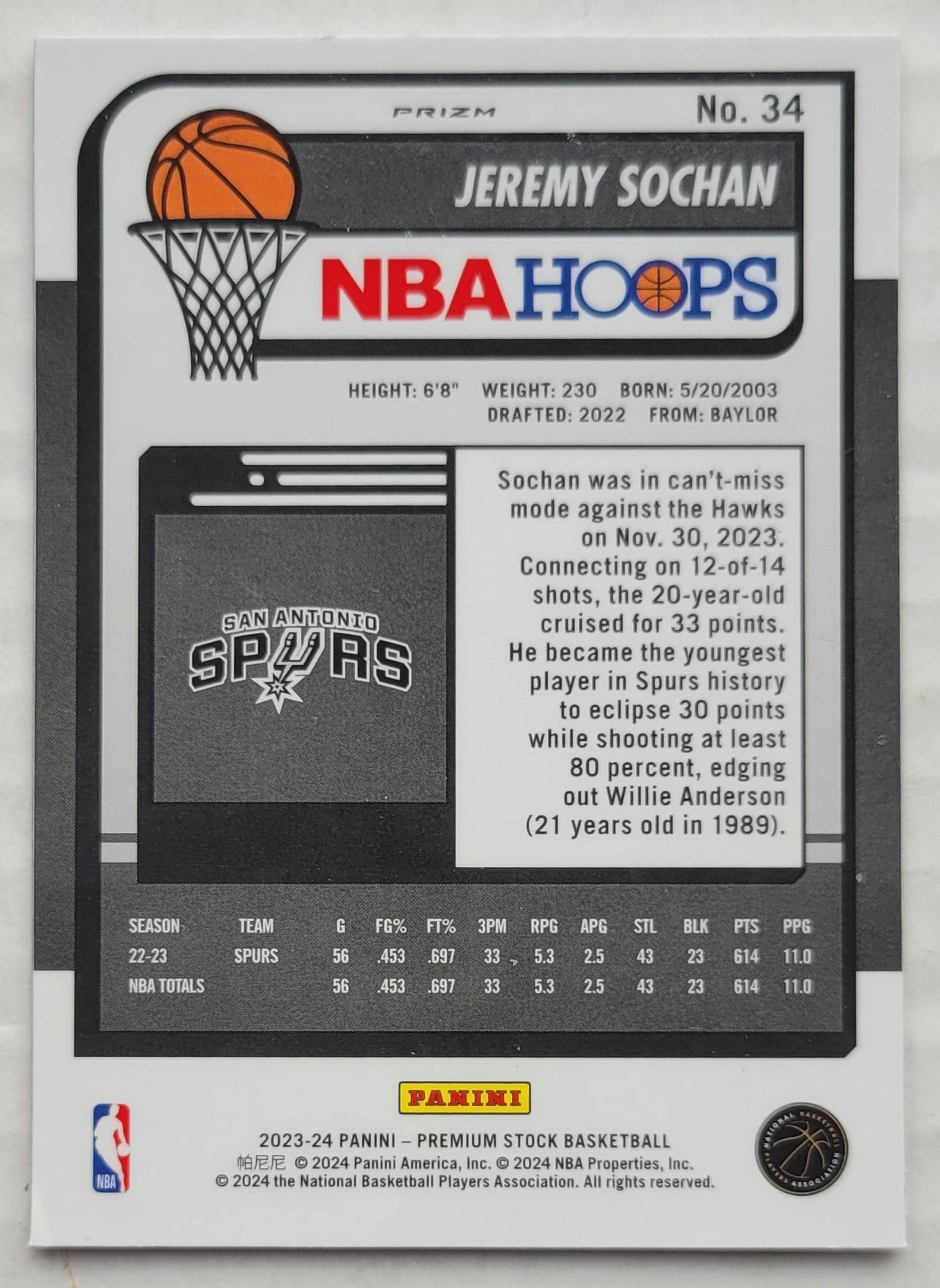 Jeremy Sochan - 2023-24 Hoops Premium Stock Ice Prizm #34