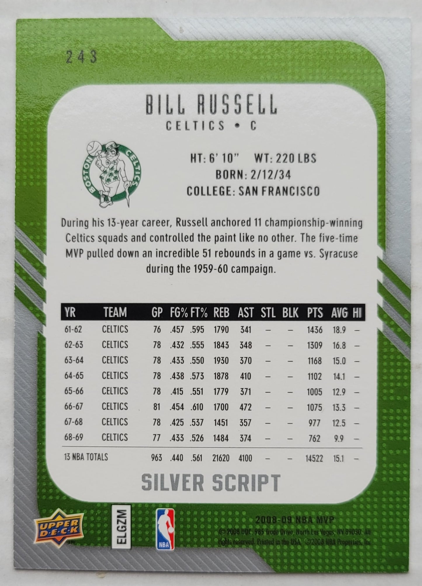 Bill Russell - 2008-09 Upper Deck MVP Silver Script #243