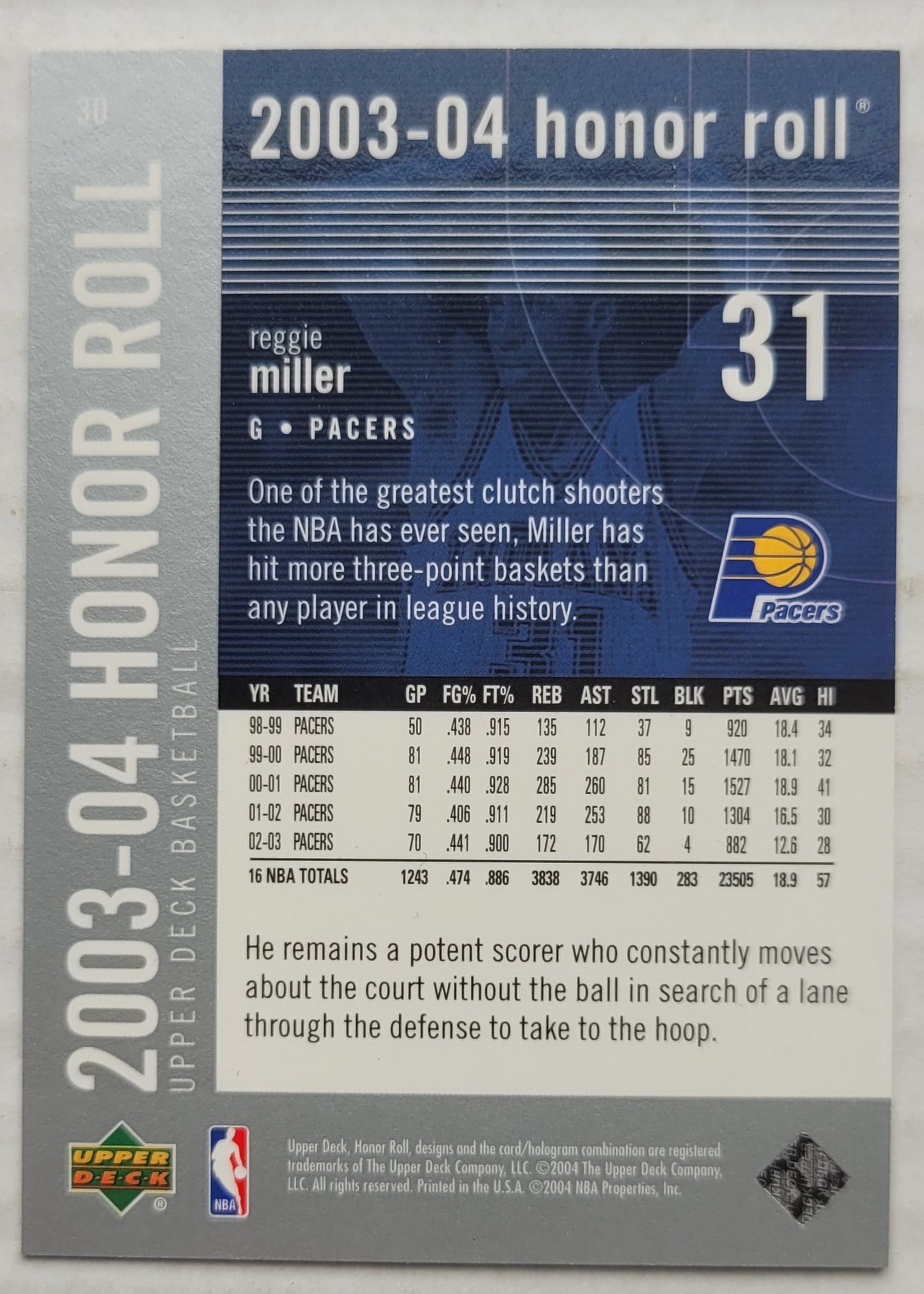Reggie Miller - 2003-04 Upper Deck Honor Roll #30