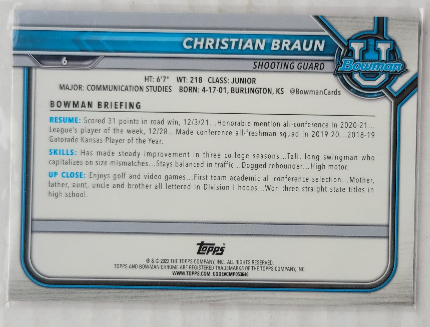Christian Braun - 2021-22 Bowman Chrome University Pink Refractors #6
