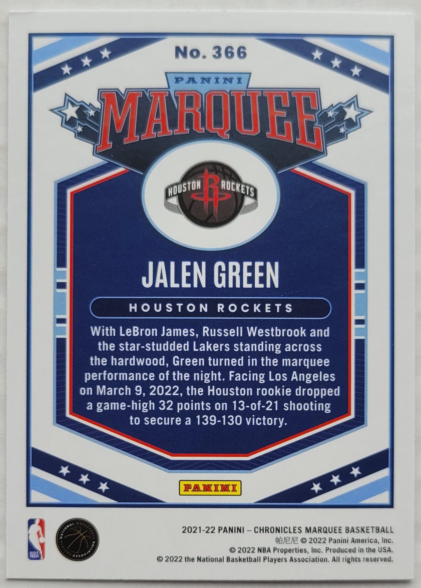 Jalen Green - 2021-22 Panini Chronicles #366 Marquee RC