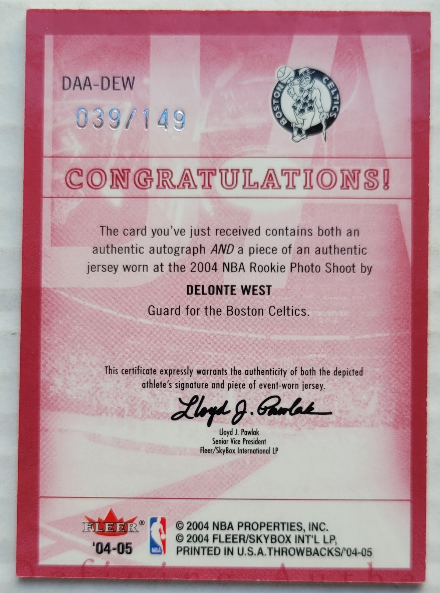 Delonte West - 2004-05 Fleer Throwbacks Defining Authentic Jerseys Autographs #DAA-DEW - 039/149