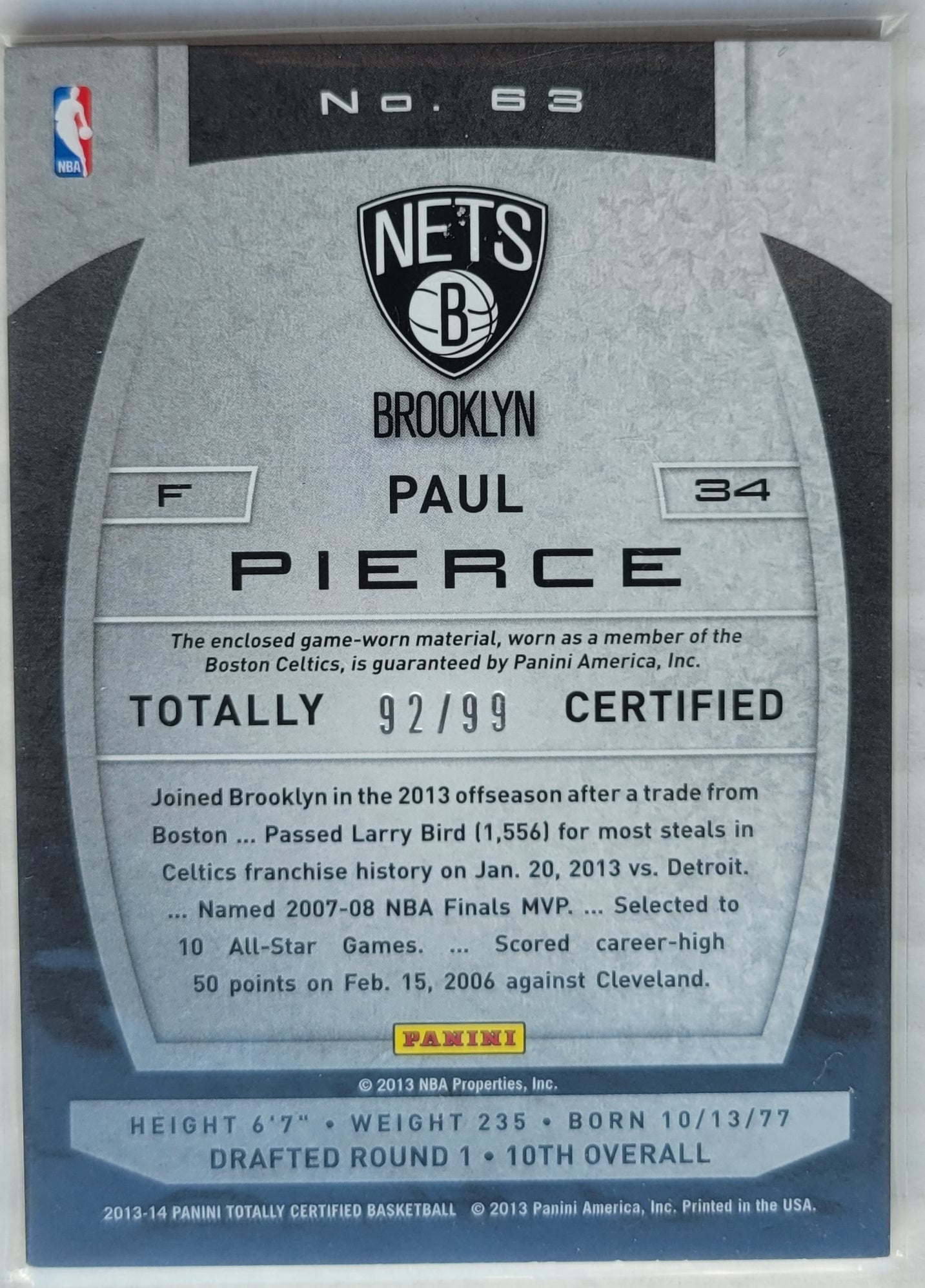 Paul Pierce - 2013-14 Totally Certified Materials Red #63 - 92/99