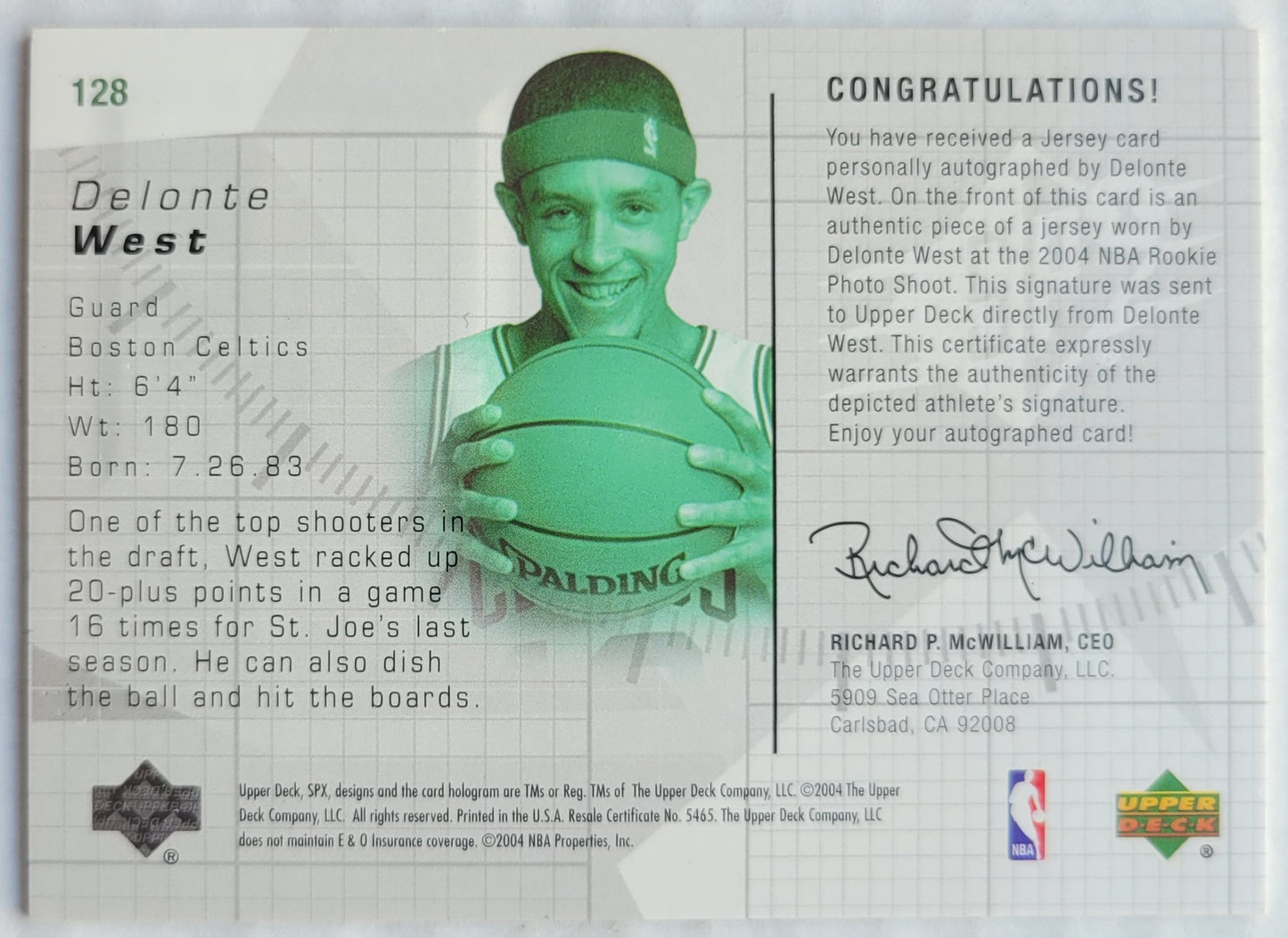 Delonte West - 2004-05 SPx #128 JSY AU RC - 1212/1999