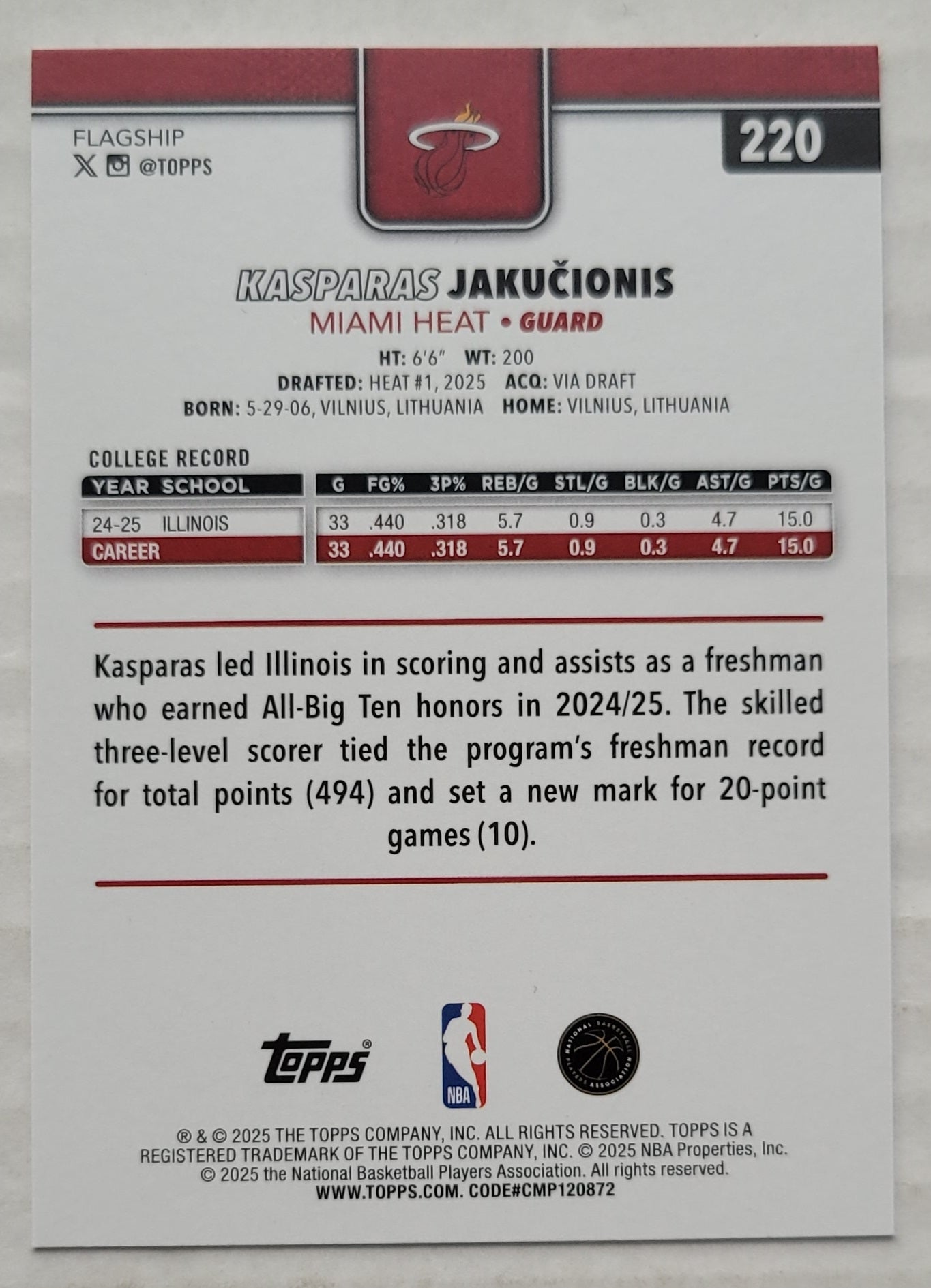 Kasparas Jakucionis - 2025-26 Topps #220 RC