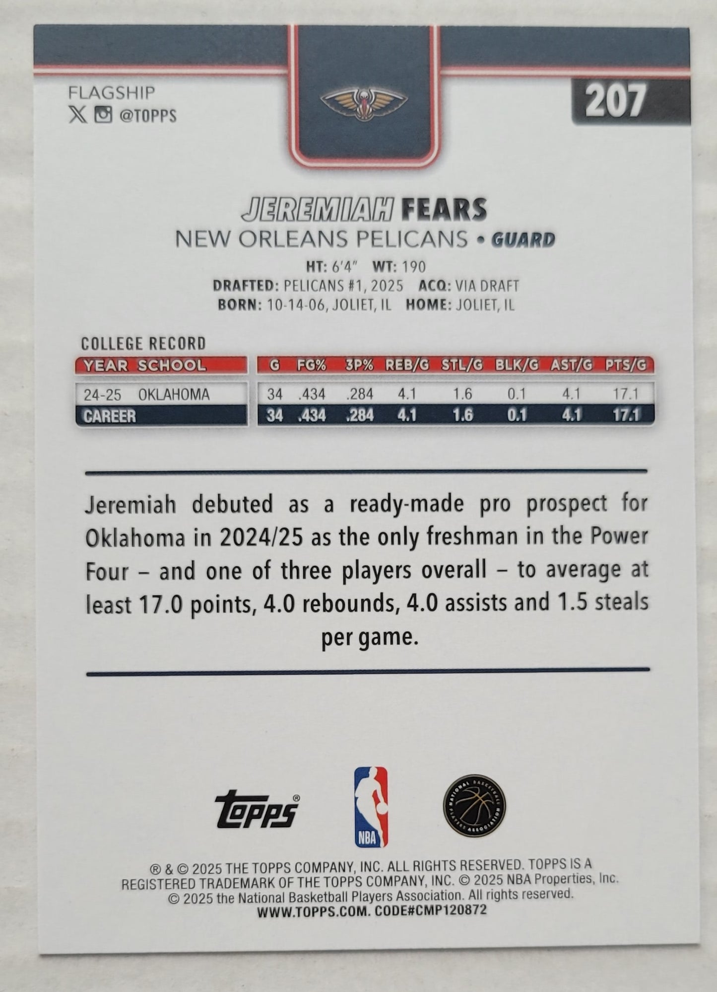 Jeremiah Fears - 2025-26 Topps #207 RC