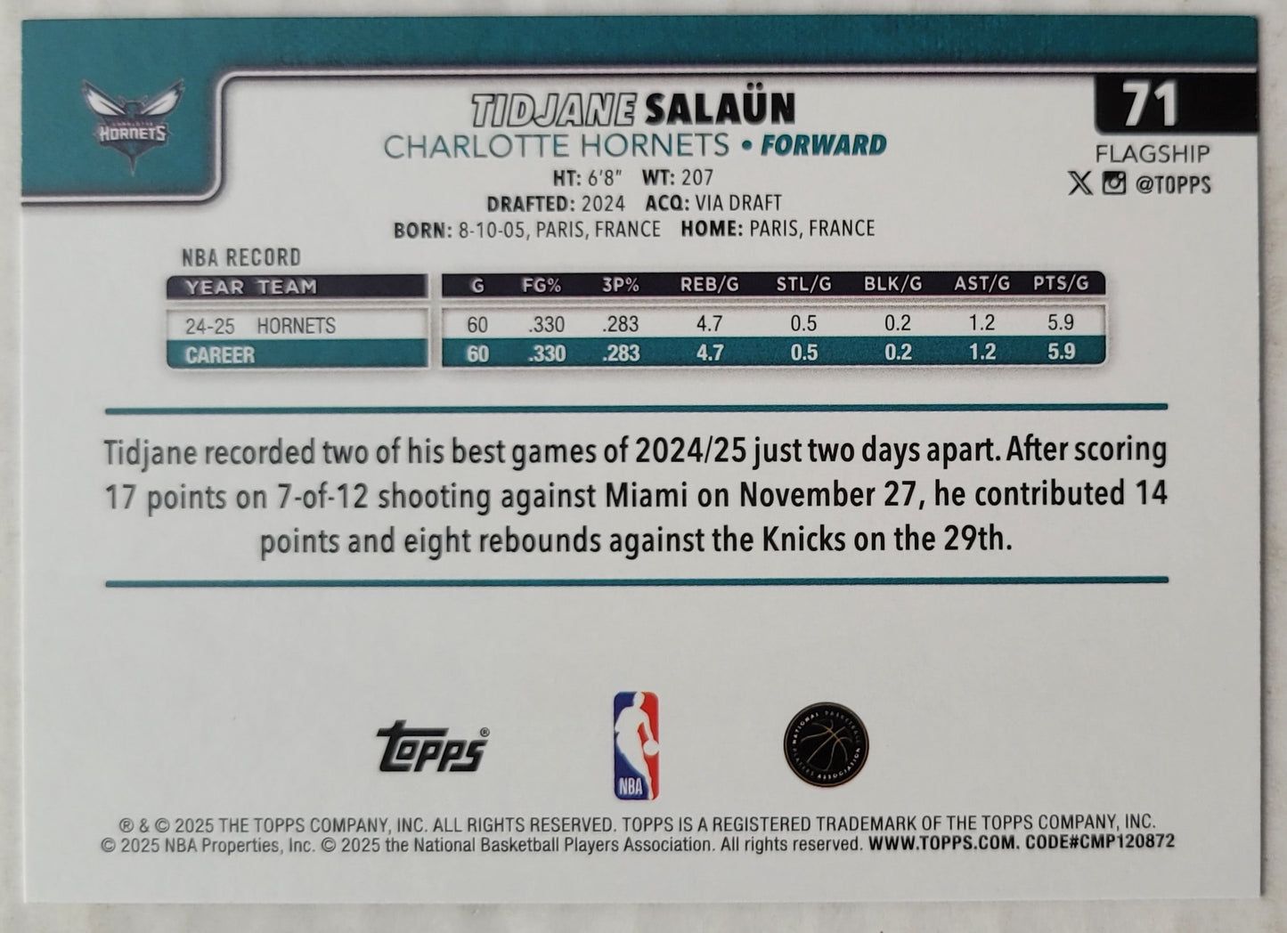 Tidjane Salaun - 2025-26 Topps Rainbow Foilboard #71