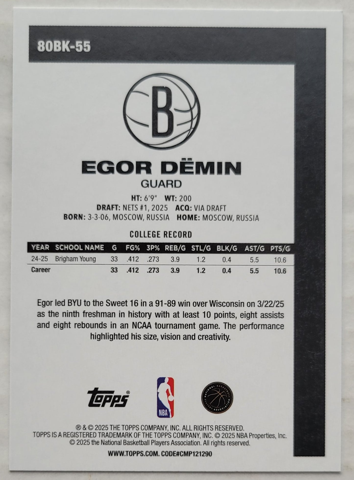Egor Demin - 2025-26 Topps '80-81 Topps #80BK55 RC