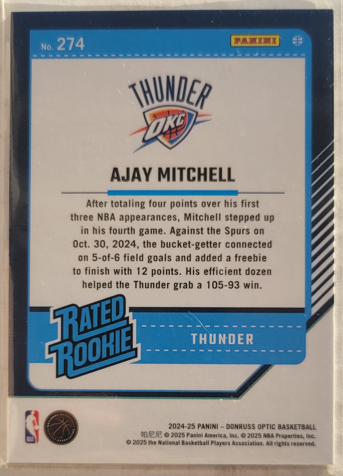 Ajay Mitchell - 2024-25 Donruss Optic #274 RR RC