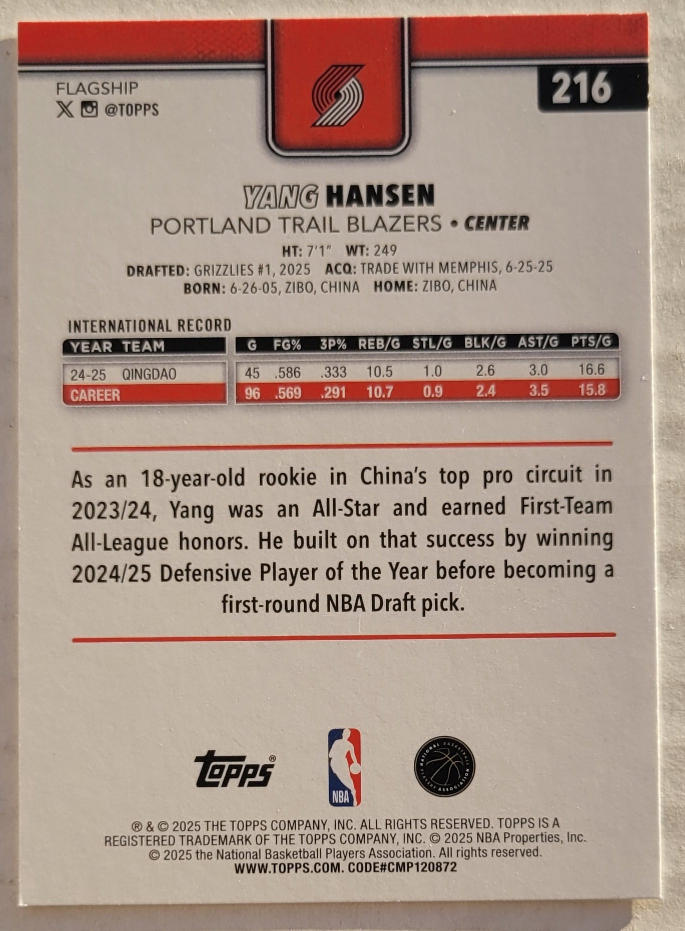 Yang Hansen - 2025-26 Topps #216 RC
