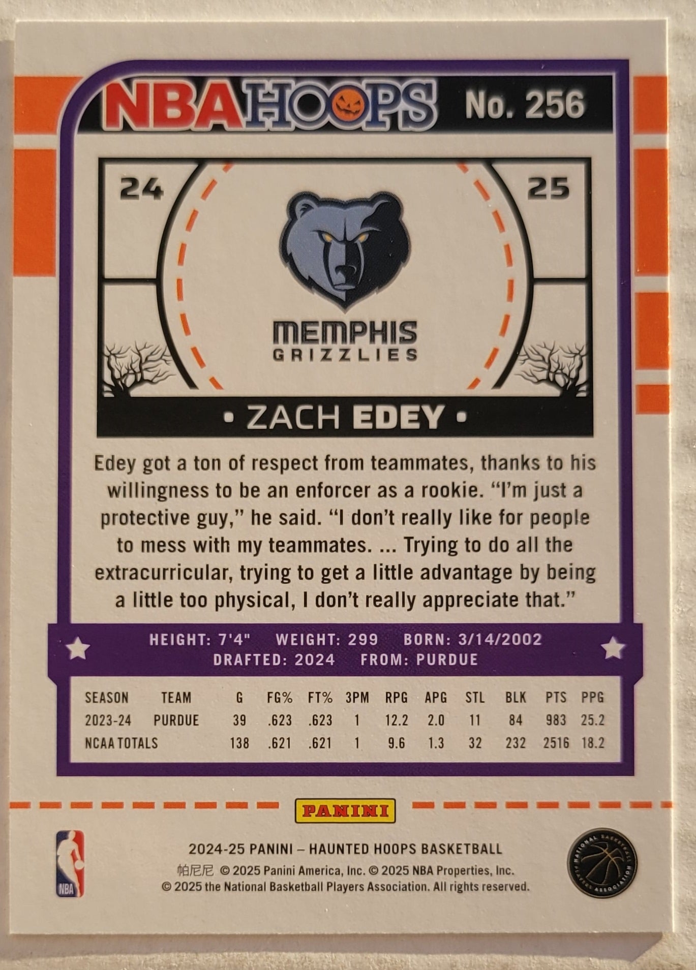 Zach Edey - 2024-25 Hoops Haunted Hoops #256 RC