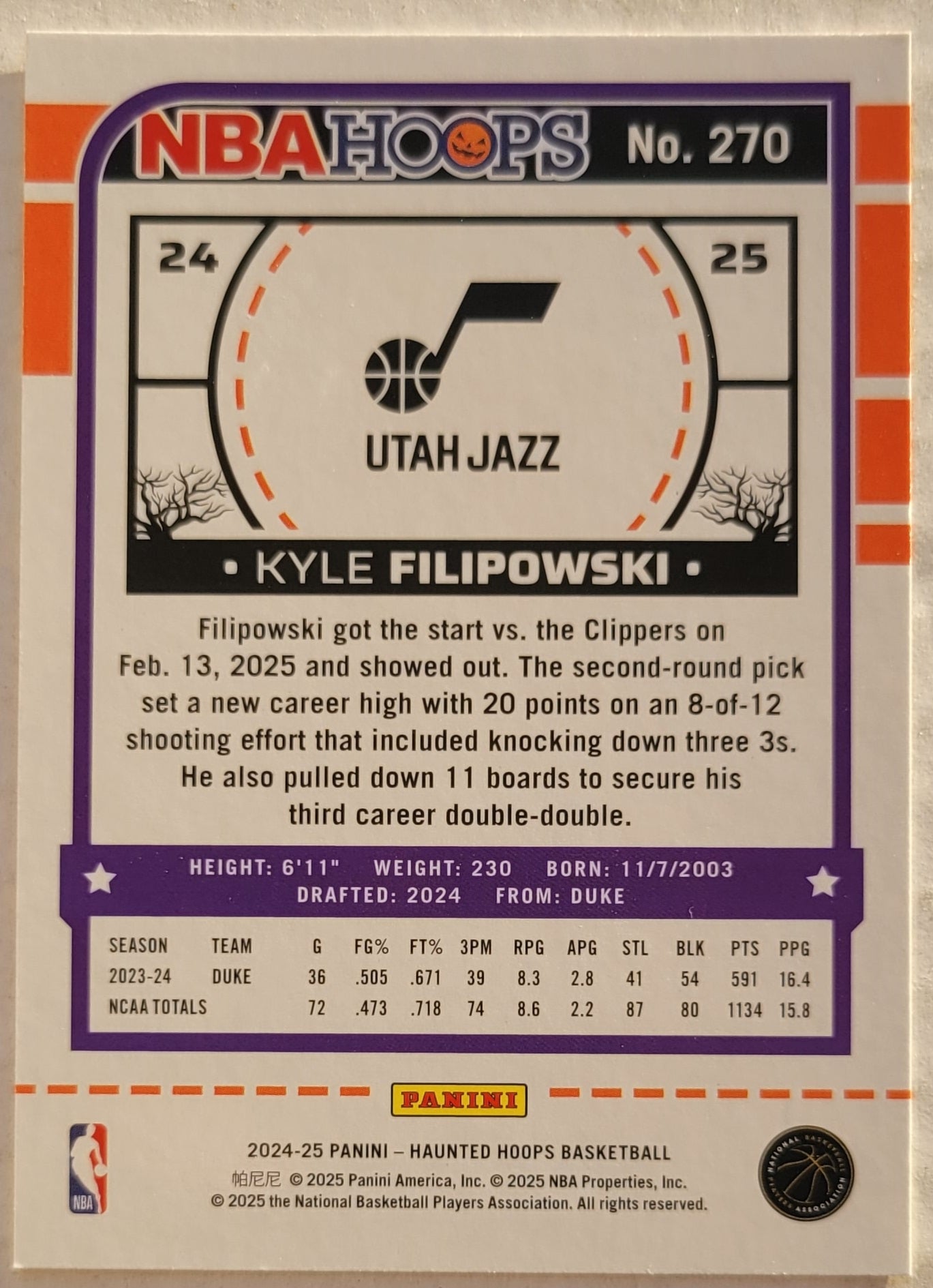 Kyle Filipowski - 2024-25 Hoops Haunted Hoops Orange #270 RC