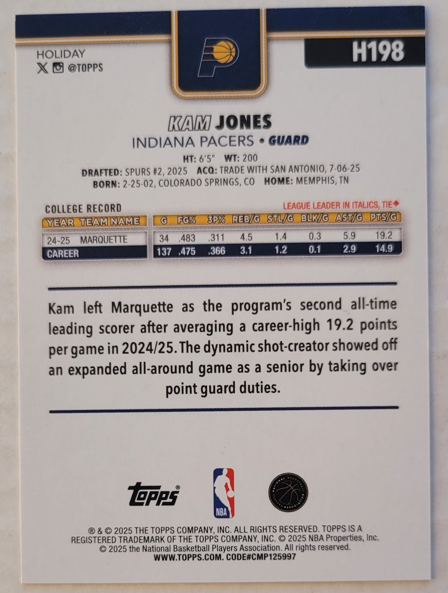 Kam Jones - 2025-26 Topps Holiday Plaid #H198 RC