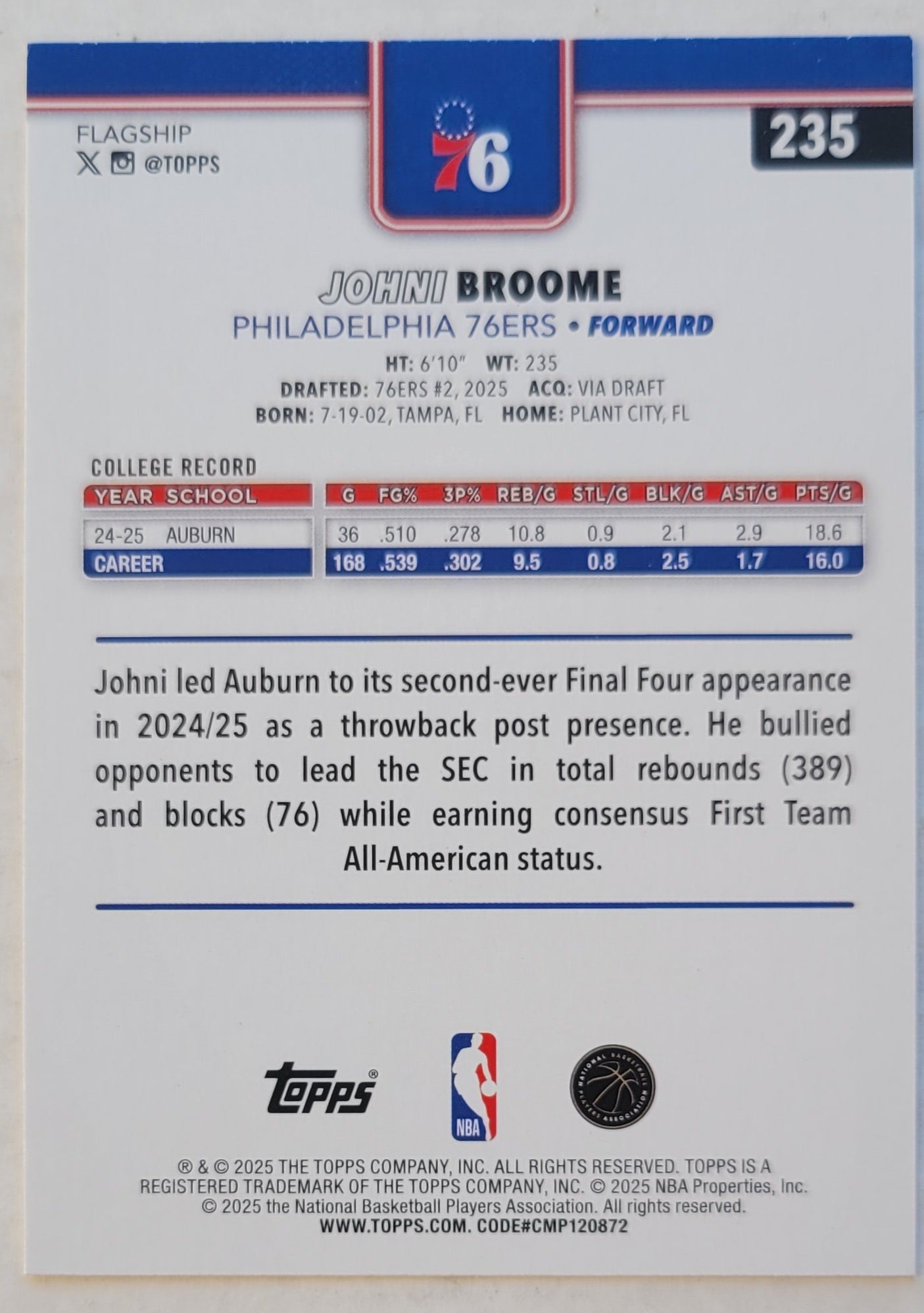 Johni Broome - 2025-26 Topps #235 RC