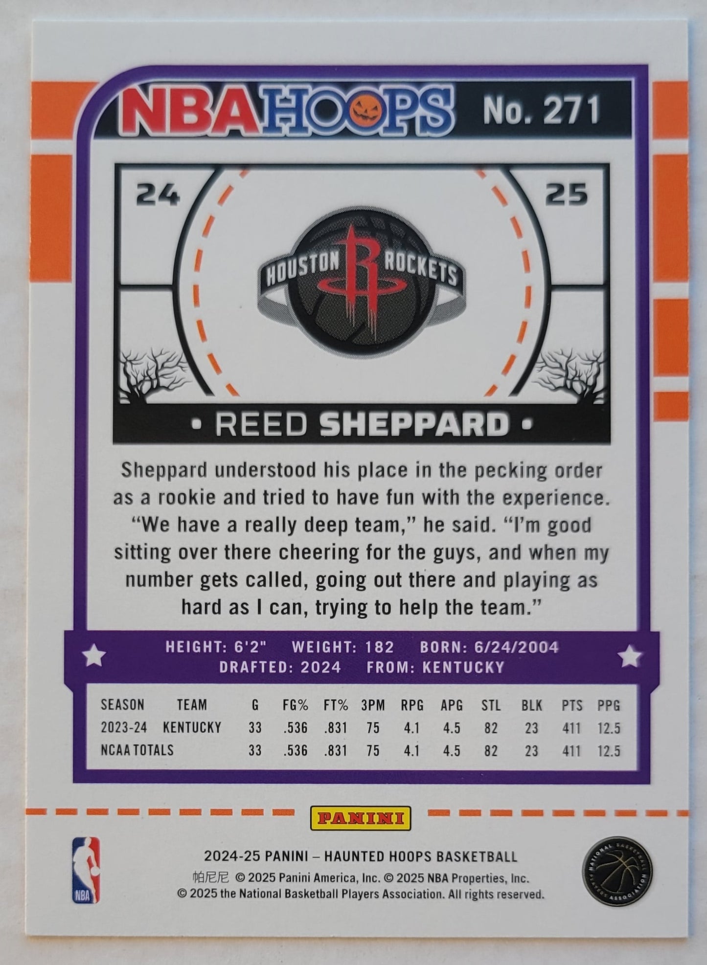 Reed Sheppard - 2024-25 Hoops Haunted Hoops #271 RC