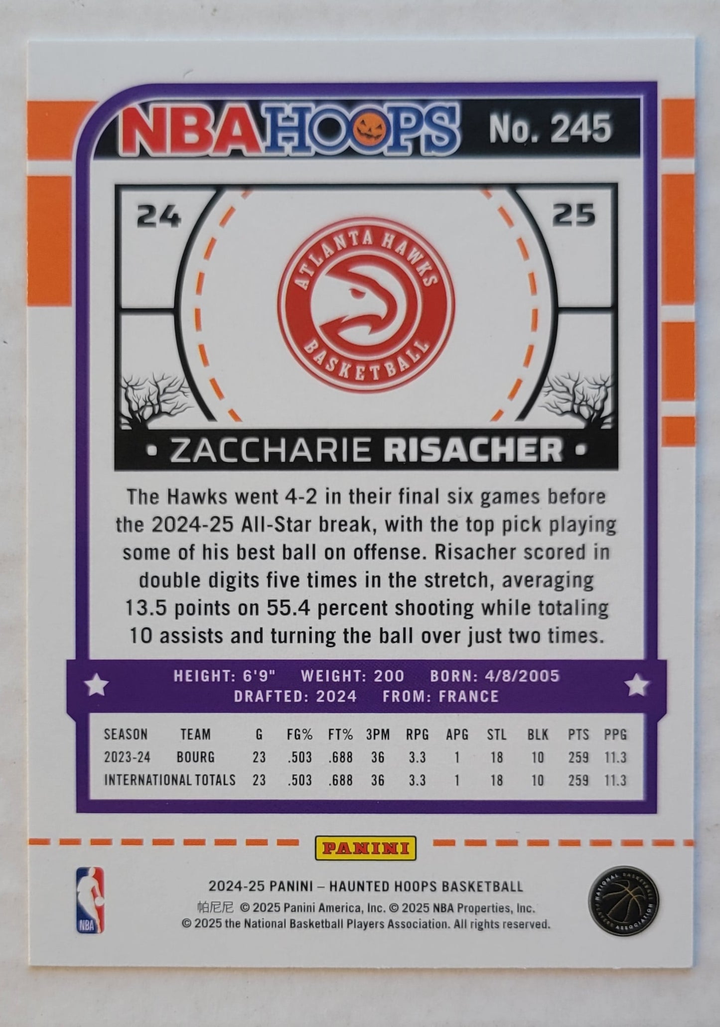 Zaccharie Risacher - 2024-25 Hoops Haunted Hoops #245 RC