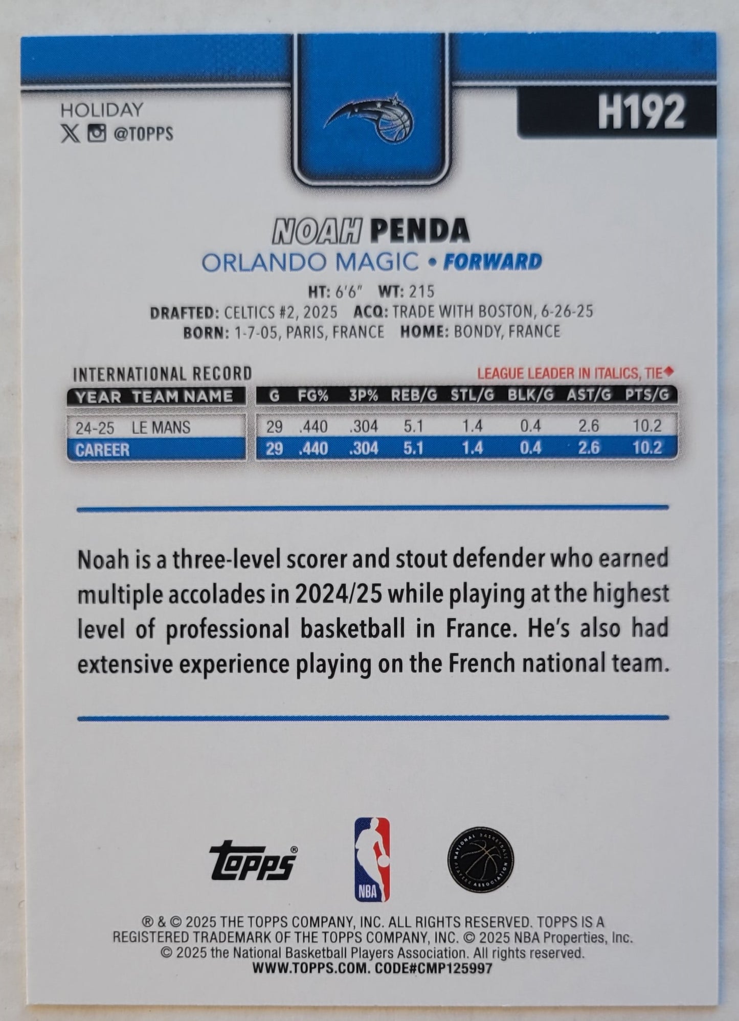 Noah Penda - 2025-26 Topps Holiday #H192 RC