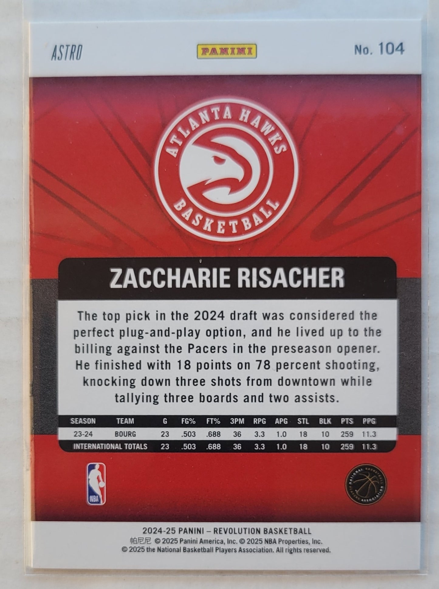 Zaccharie Risacher - 2024-25 Panini Revolution Astro #104 RC