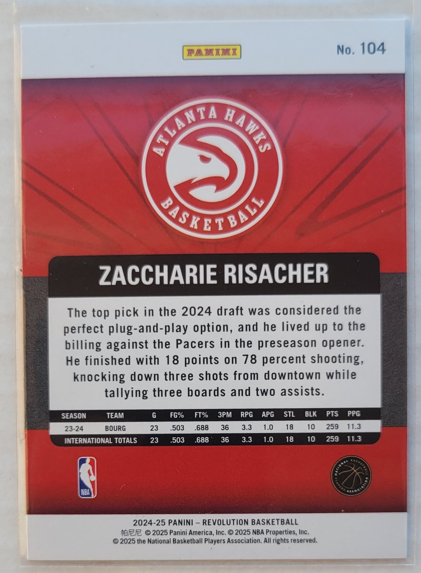 Zaccharie Risacher - 2024-25 Panini Revolution #104 RC