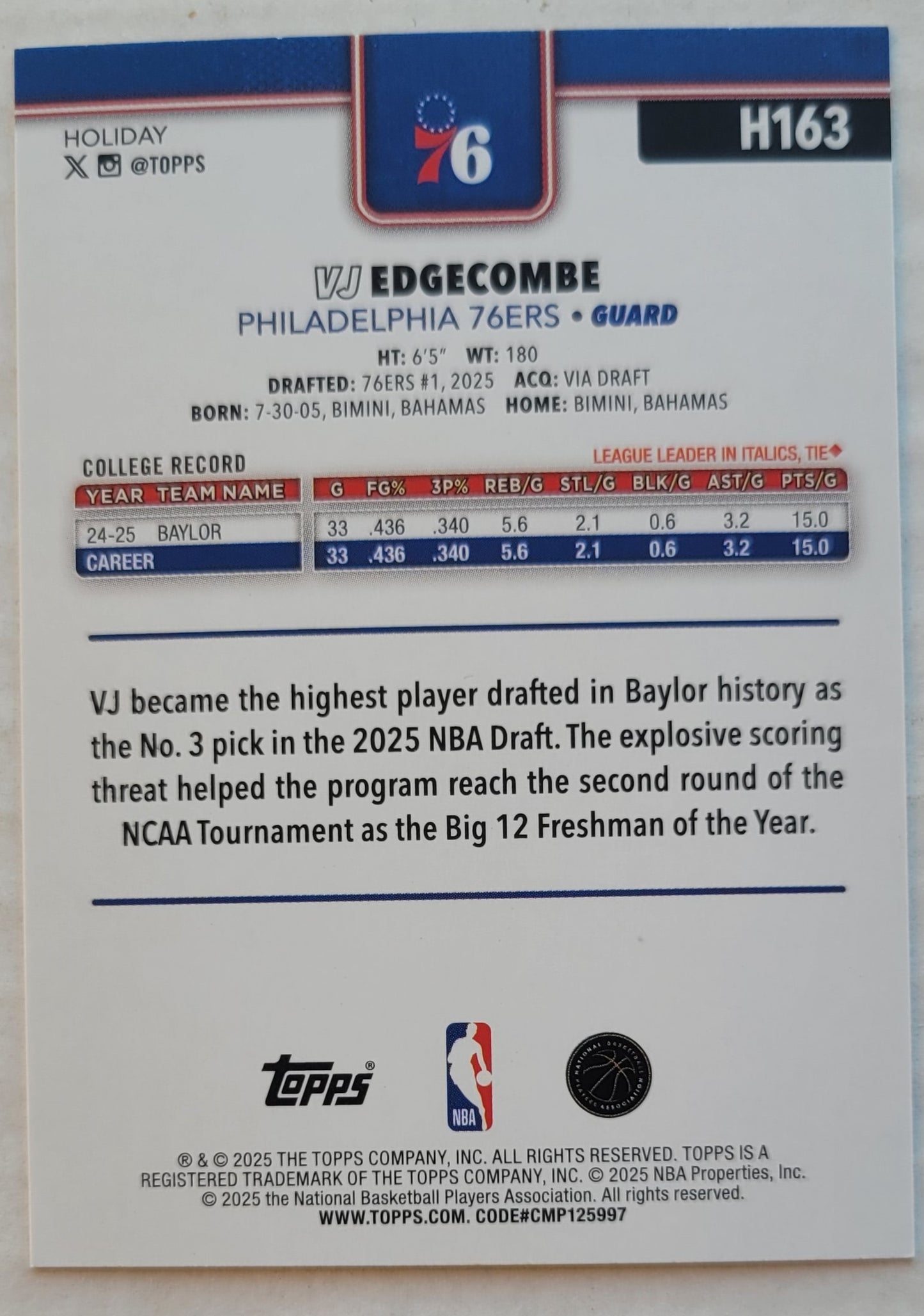 VJ Edgecombe - 2025-26 Topps Holiday Plaid #H163 RC