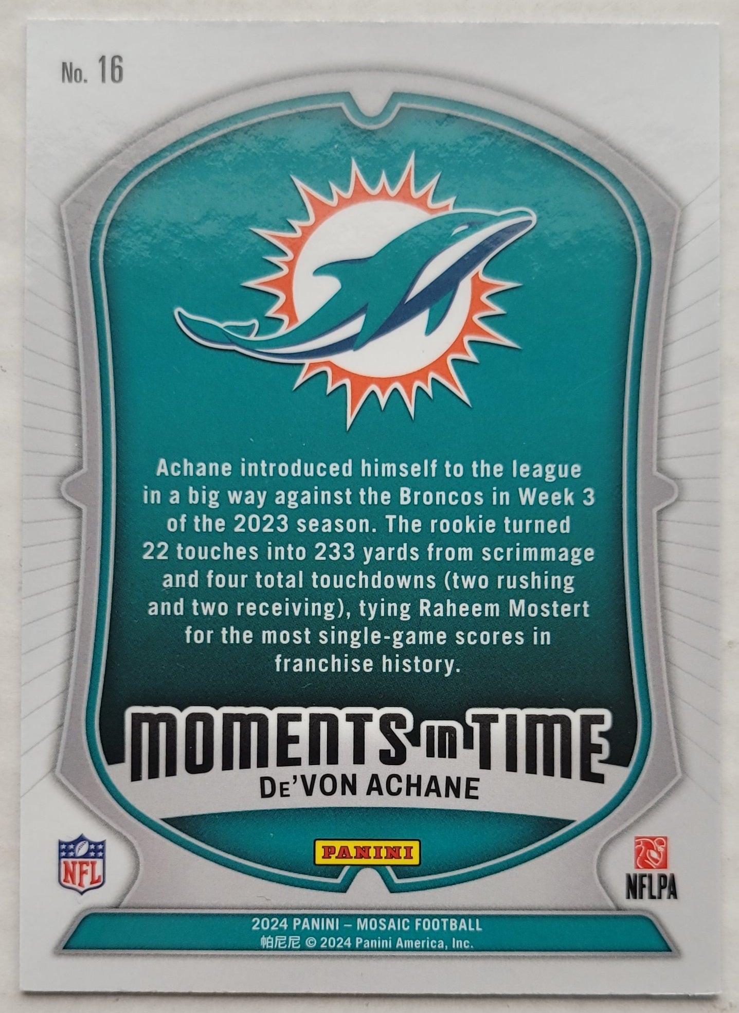 De'Von Achane - 2024 Panini Mosaic Moments in Time #16