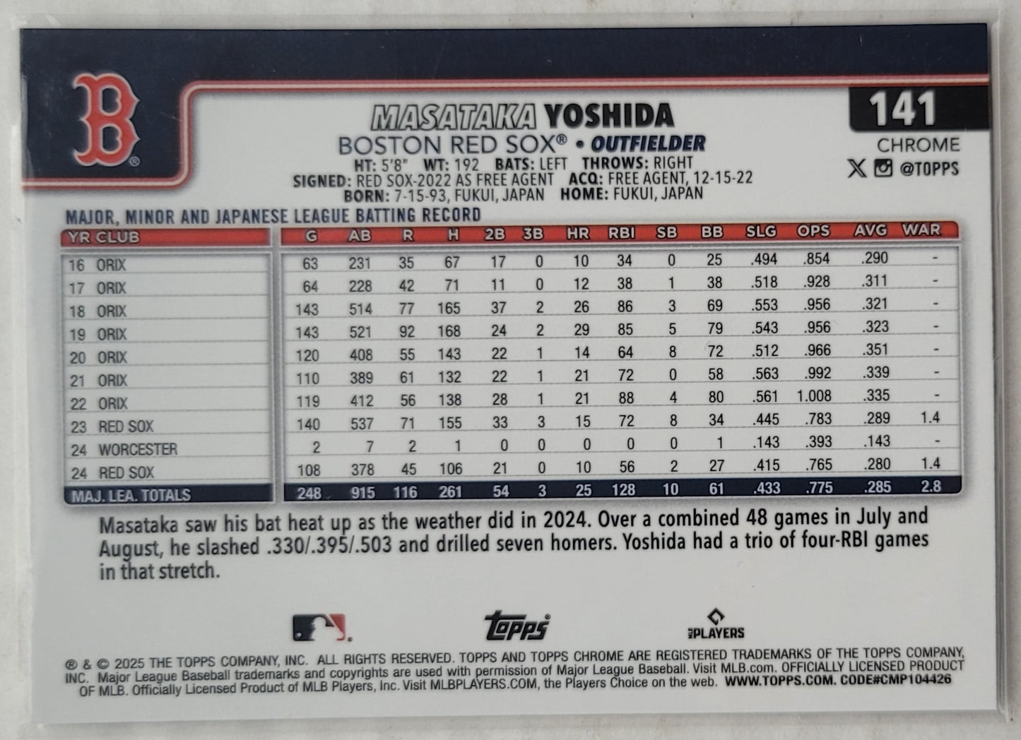 Masataka Yoshida - 2025 Topps Chrome X-Fractors #141