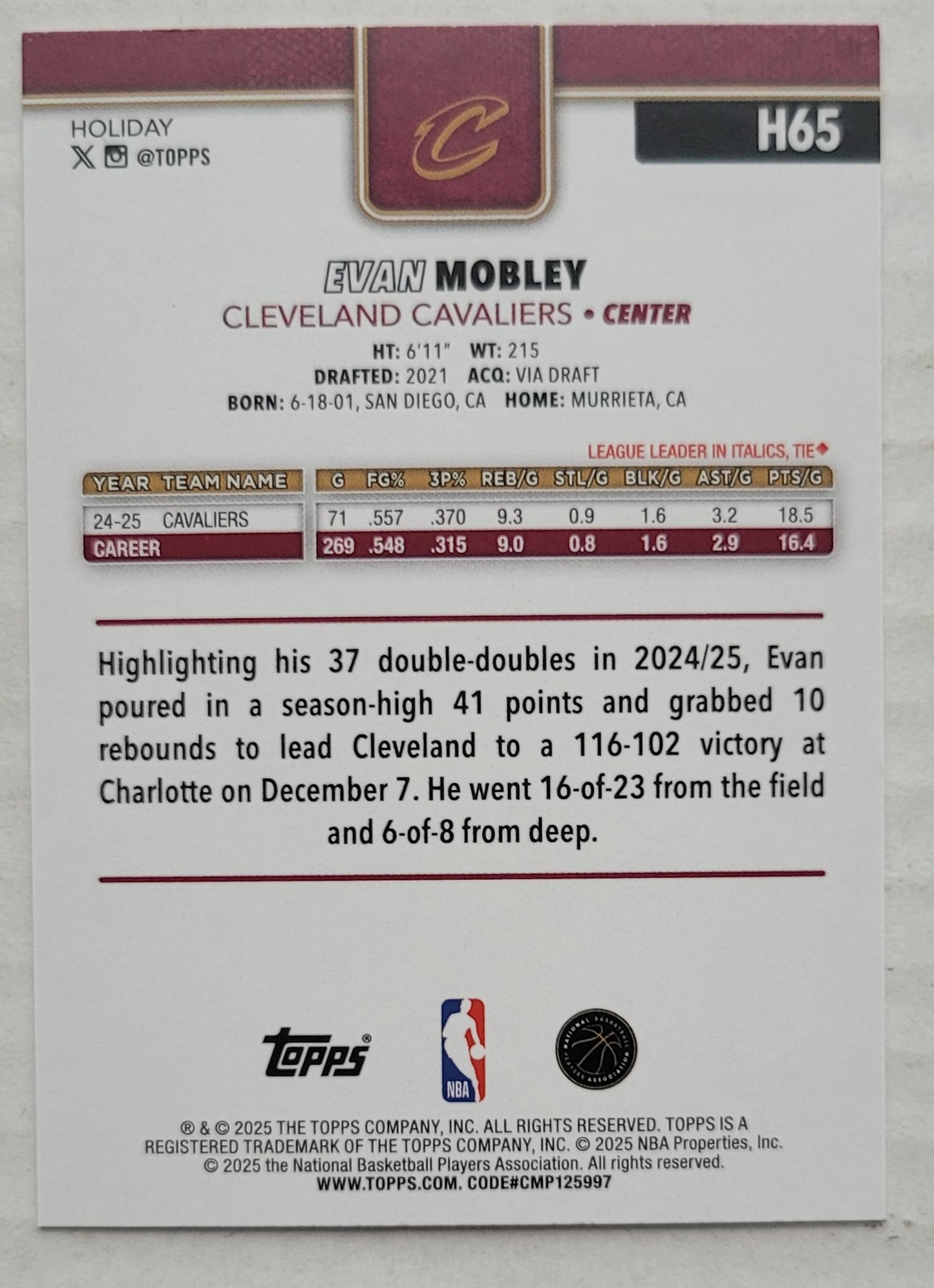 Evan Mobley - 2025-26 Topps Holiday #H65